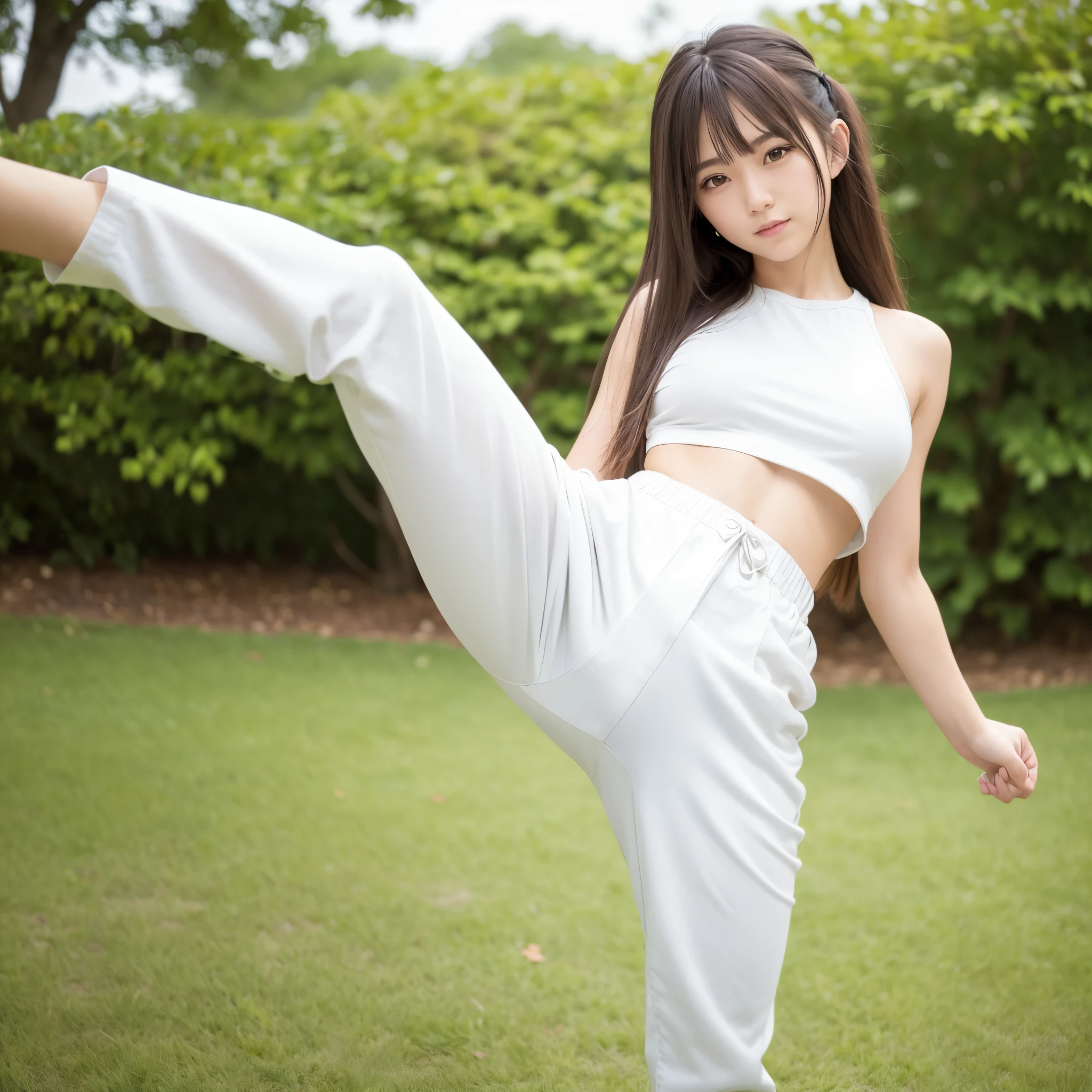 The part of the right leg beyond the knee, white karate long pants