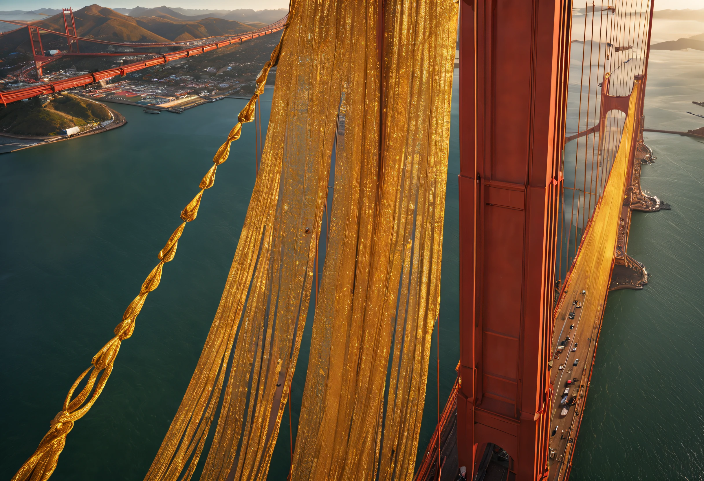 a gilded curtain hanging over a ropes of the golden gate bridge, ((curtain wrapping down all around on the golden gate bridge)), blew in the wind, (golden curtain: 1.4), (drone shot: 1.3), (wide view: 1.5), top view, intricate detail, highly detailed, volumetric lighting, 4k rendering, stock photo, ultra-realistic, realistic textures, dramatic lightin