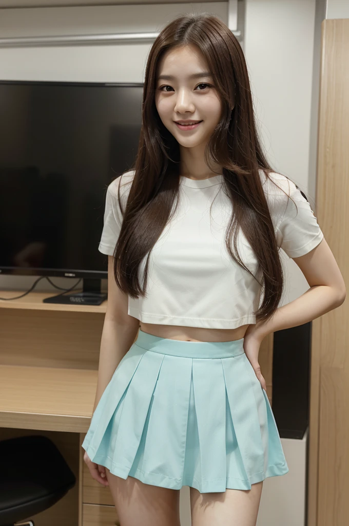 Innocent and pretty face of Koreans in their 20s, Neat two-piece, skirt, looks like a model, Filmed at a broadcasting station, 8k, Long straight hair, Smiling
