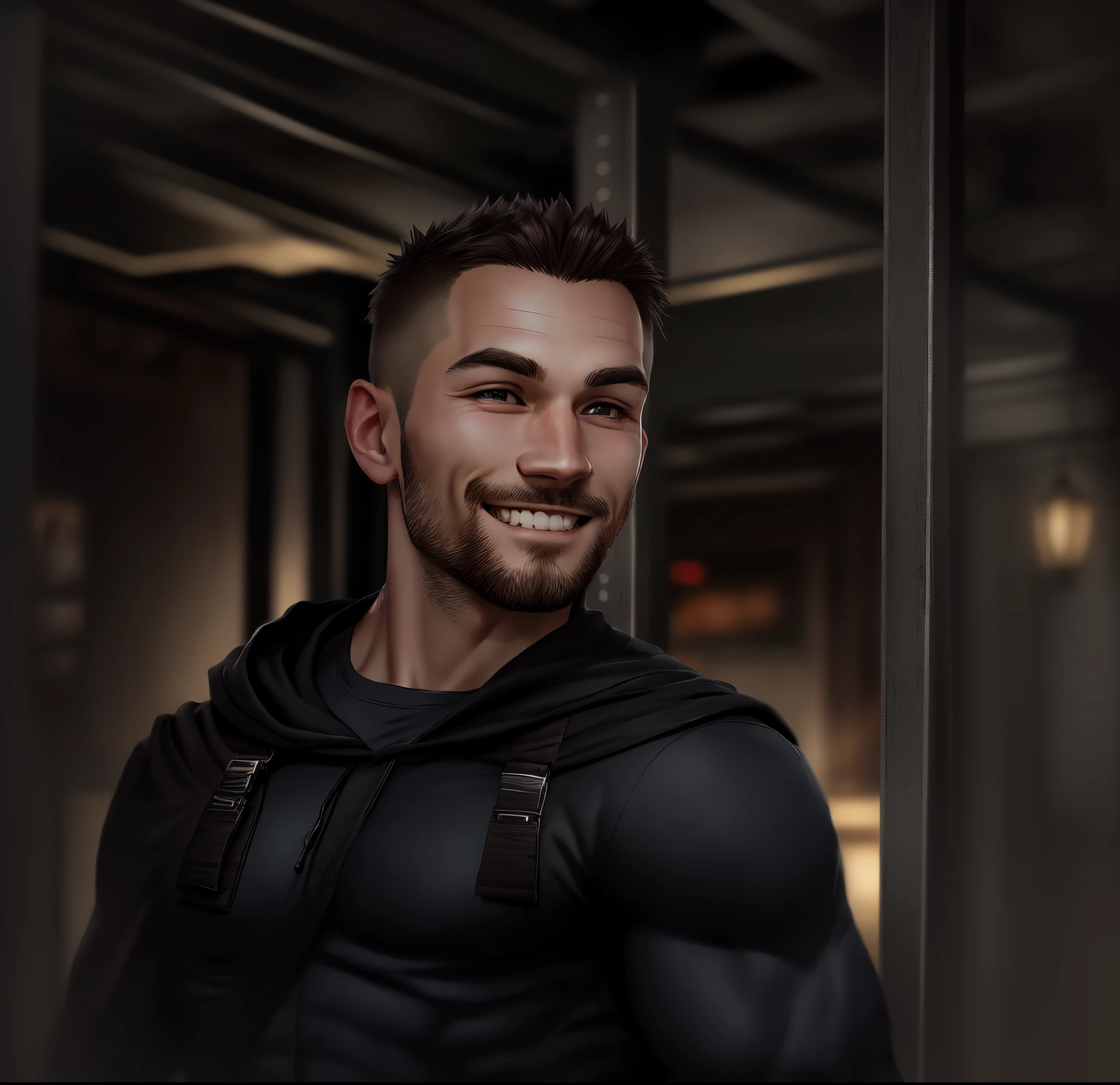 higly detailed, Clarity, 8 months, Young guy, 35 years old, Dark brown hair, shingle, dark eyes,  nose without a hump, widened to the bottom, 真实感, Realistic, assassin style, assassin, wearing a dark jacket , cloak, a hood on his head, There is a man, who smiles, leonid, muscular!!, artem, muscular!, muscular!!!, vitaly bulgarov, Bodybuilder Ernest Khalimov, azimov, Enchev Fill, alexey gurylev, maxim sukharev, ernest khalimov body, andrey surnov,  35 years old,