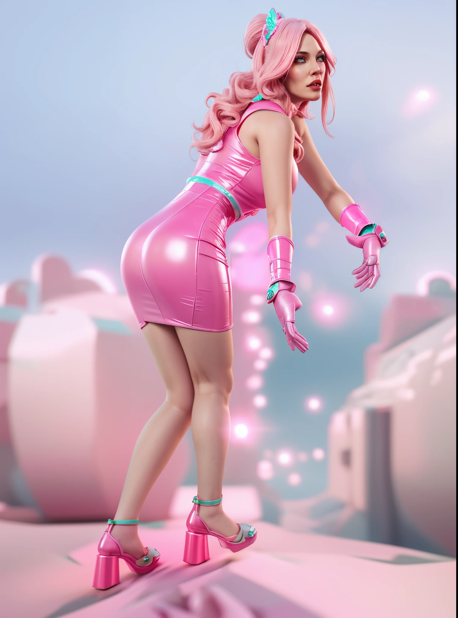 there is a woman in a short pink dress and pink gloves,pink wavy hair, pink iconic character,  highly detailed giantess shot, stylized as a 3d render,realistic, 4k, rim light, blurry background
