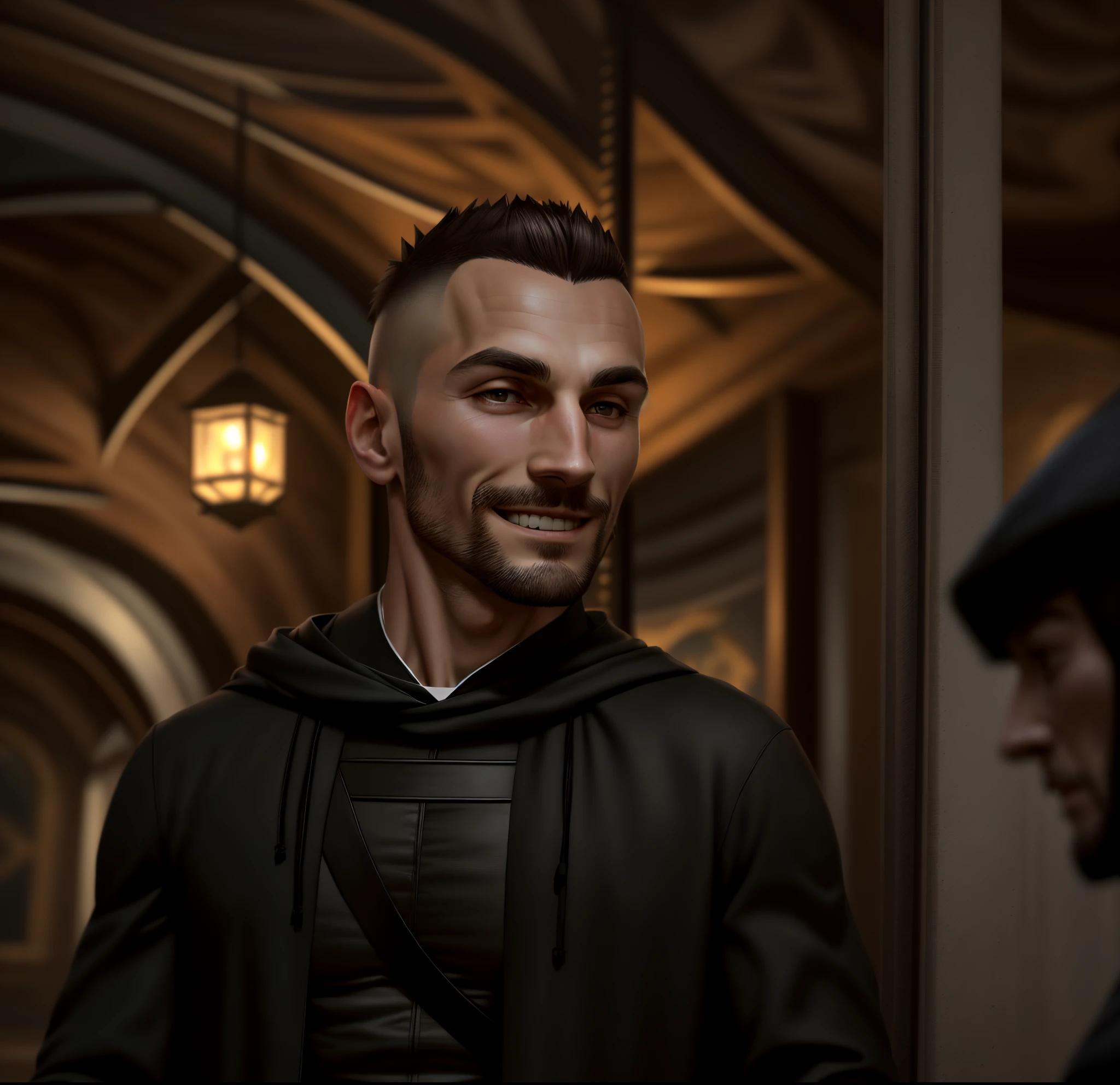 higly detailed, Clarity, 8 months, Young guy, 35 years old, Dark brown hair, shingle, dark eyes, 真实感, Realistic, assassin style, Assassin, dressed in a dark jacket , cloak, a hood on his head, There is a man, who smiles, leonid, muscular!!, artem, muscular!, muscular!!!, vitaly bulgarov, Bodybuilder Ernest Khalimov, azimov, Enchev Fill, alexey gurylev, maxim sukharev, ernest khalimov body, andrey surnov, 35 years old,