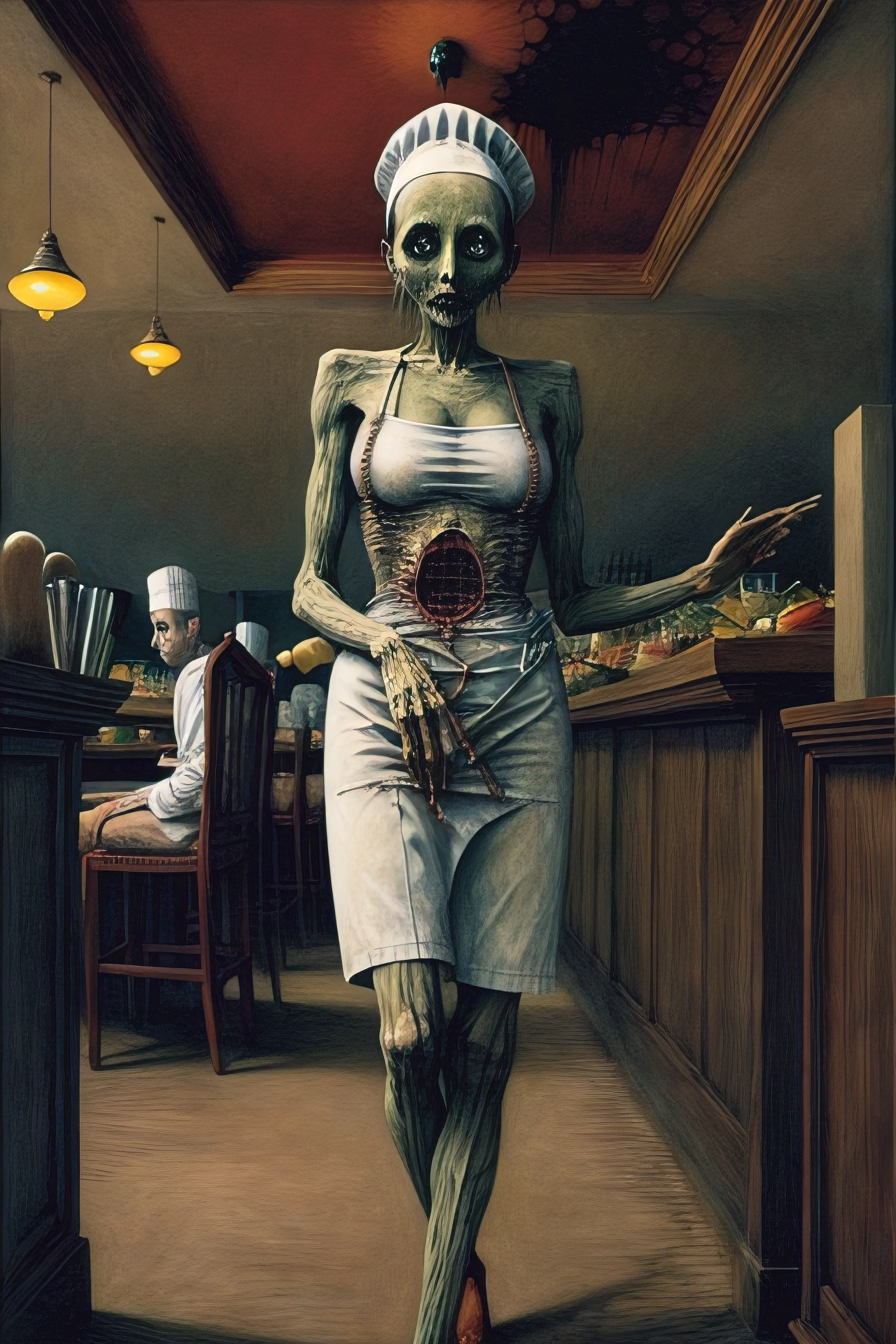 a painting of a female chef in a restaurant, disturbing, creepy, gloomy, rotten, high saturation by zdzislaw beksinski