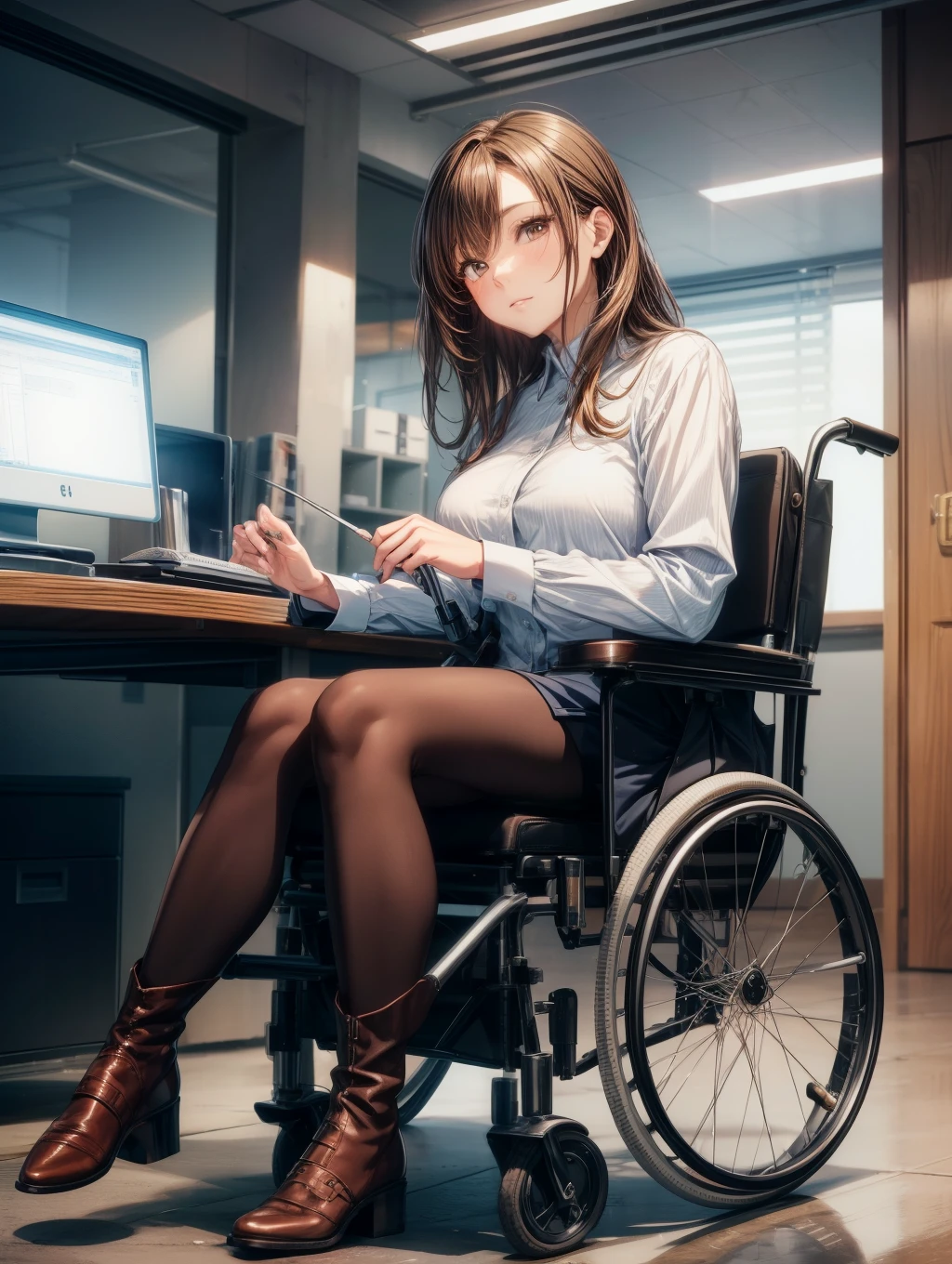 1人の女性、Best Quality, masutepiece, Beautiful mature、Beautiful face、Strong-minded woman、Being in a wheelchair、Office Suits、long boots、brown haired、Brown-eyed、Bob Hair、40 years、adult lady、Full body like、sit with legs apart in a wheelchair