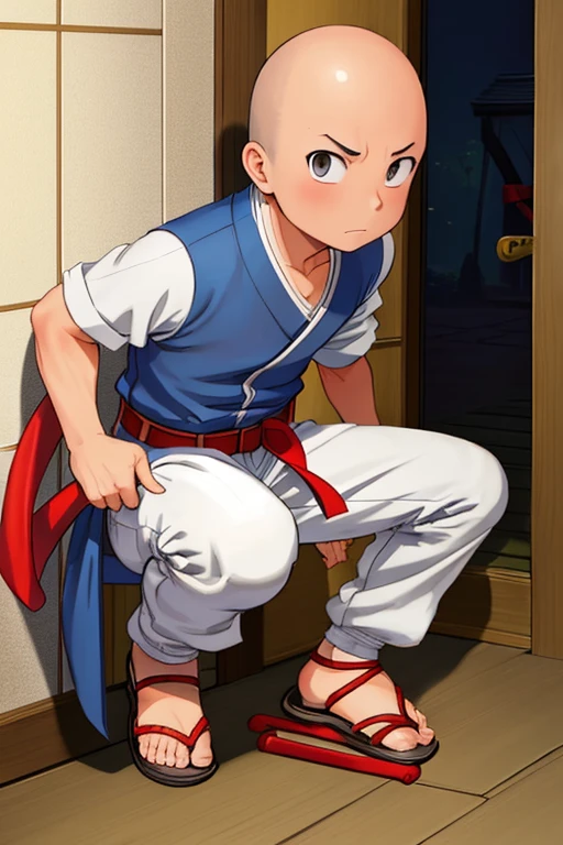 1boy, solo, ninjahattori boy, serious, detail, ninja, sneak in corridor of Japan castle, white costume, sandals, red belt, dim light, epic, Bald head, shave head, hairless,