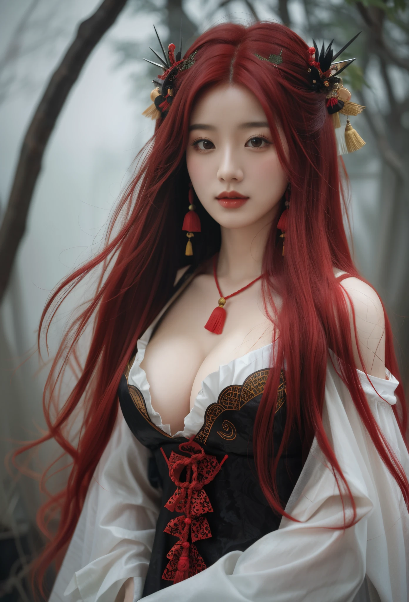 1girl,fluffy long hair,red hair,Chinese fantasy theme,messy hair,film grain,fog,black thememTyndall,big breasts,sexy,