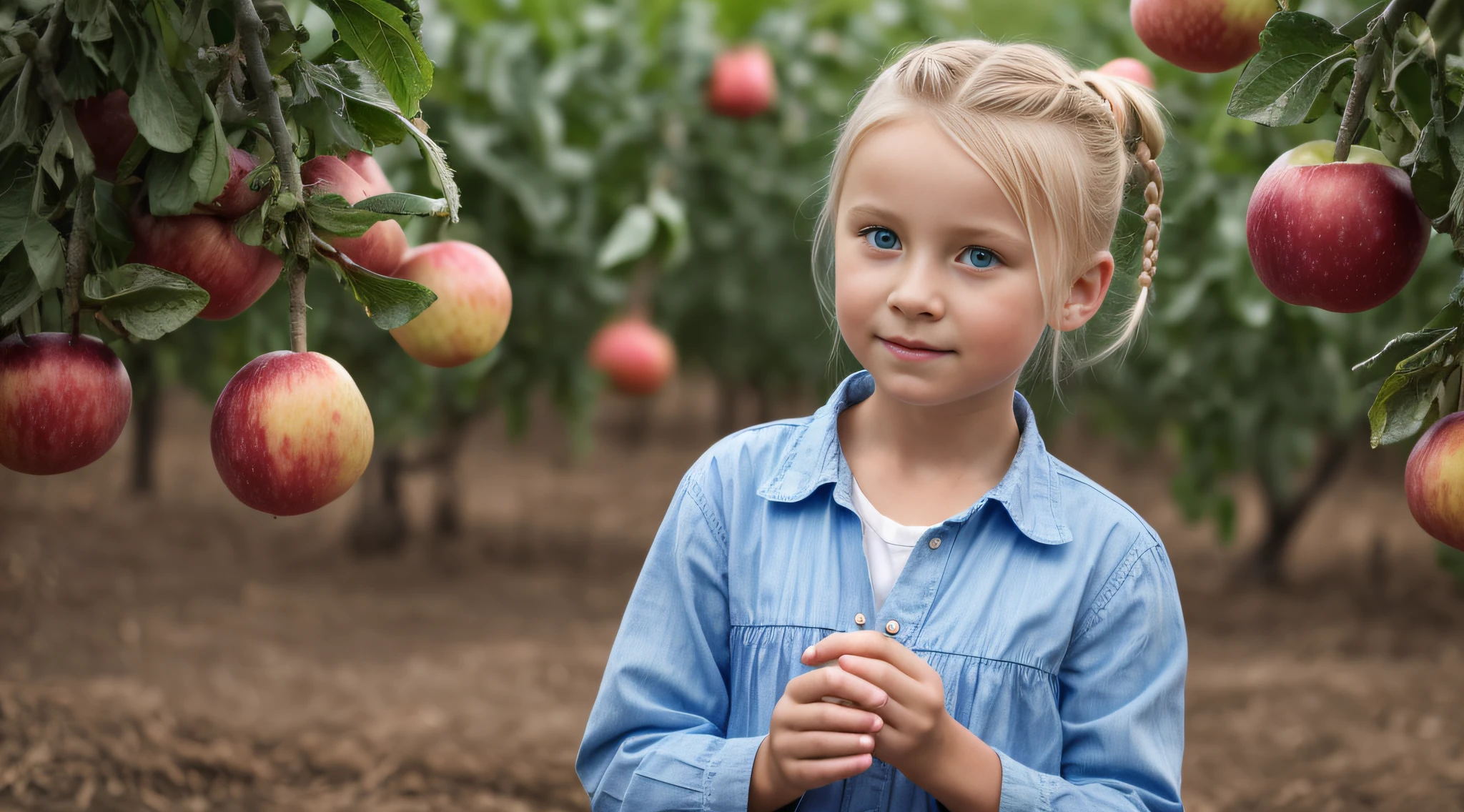 na frente de uma luz azul, BEAUTIFUL RUSSIAN GIRL CHILD BLONDE HAIR bun, olhos brilhantes, olhos perfeitos, 10 anos. on an agricultural farm surface, with animals and apples and oranges. MELANCIA, melon, Peras, Uvas.