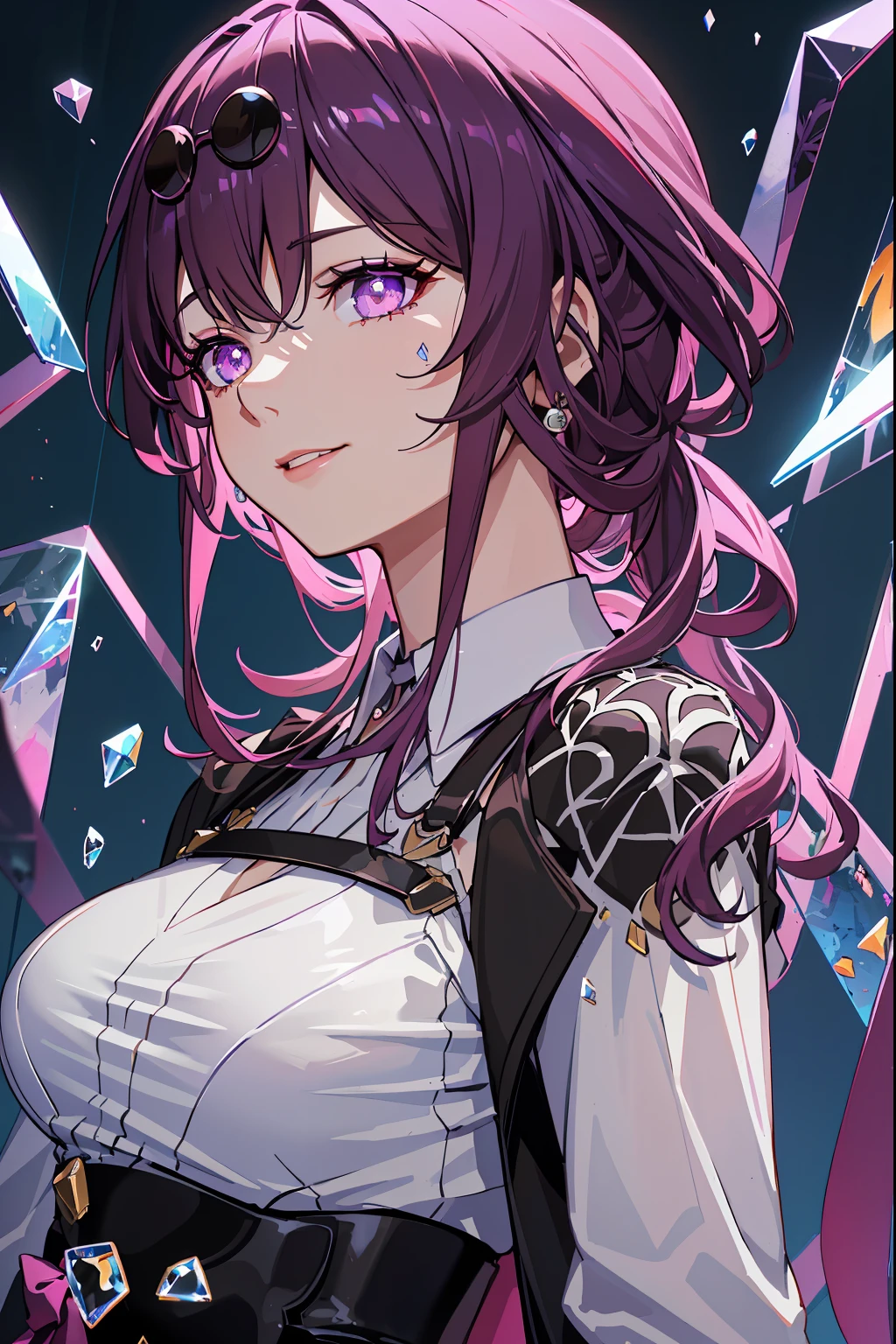 (Masterpiece, Best Quality, better shadow), (Detailed background), High contrast, ((cinematiclight)), Colorful, Dramatic light, intricate details, (1girl, 独奏, kafka, Honkai Star Rail, ssmile, purple hair, sharp face,violet eyes,Dynamic Angle), Depth of field,black light particles,(Broken glass)