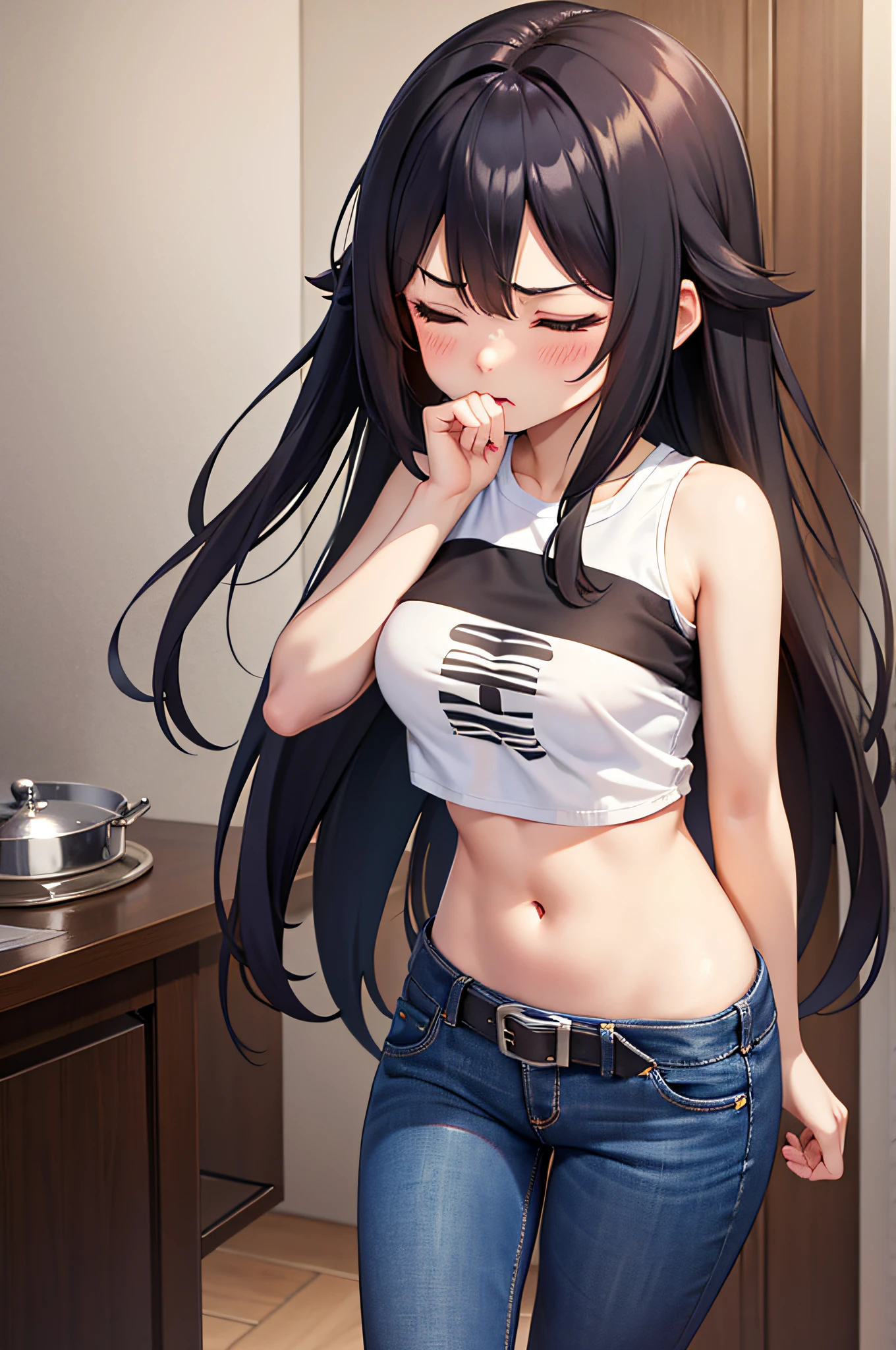 long hair,1 girl, solo, medium breasts, belt, tummy, crop top, t shirt, kitchen, jeans, blush, annoyed, eyes closed