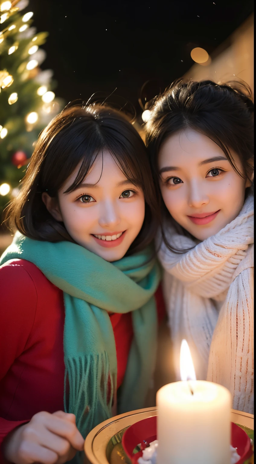 (Best quality at best,realisticlying,A high resolution),2 girls,美丽细致的眼睛,beautiful detailed lips,Smiling,laughingly,cute big breasts,Christmas Eve,Happy,having fun,Winters,cheerfulness,Excited,flashing lights,Decorate the Christmas tree,clew,Homely atmosphere,Warm fireplace,Magical moments,glistening stars,Glowing candles,snowflakes falling,The ground is covered with soft snow,Colorful holiday decorations,Green army coat,fluffy scarf,Happy memories,cherish sisterhood,Love and laughter、18 year old sisters、A delicate face、prette、looking at the camera in、Gift box、