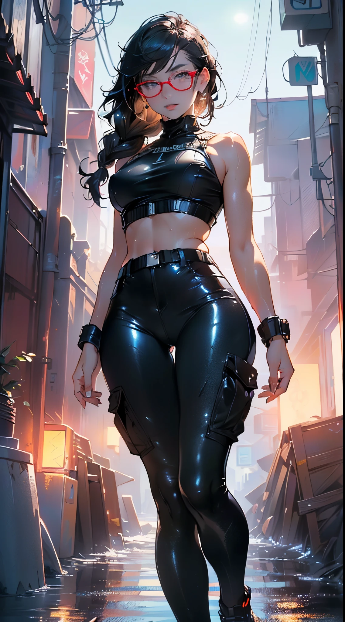 girl dancing,(((1girl))),((girl with extremely cute and beautiful hair)),
(large breasts:1.4),(((brown hair:1.35,braids))),(((eyes_blue:1.3))),intricate eyes,beautiful detailed eyes,symmetrical eyes,((fat)),((((lustrous skin:1.5,bright skin: 1.5,shiny skin,very shiny skin,shiny body,plastic glitter skin,exaggerated shiny skin,shiny skin like ebony,illuminated skin,wet legs))),(spider lower abdomen,narrow waist,wide hip,athletic body,inflated legs,detailed body,(detailed face), toned abs),
cute,slutty,seductive,erotic,(nsfw),
cargo pants,revealing clothing,show skin,((underpants strap)),(((glasses))),((wet clothes,intricate outfit,intricate clothes)),
(dynamic pose:1.0),((happy)),(centered,scale to fit dimensions,Rule of thirds),
cyberpunk city by the ocean at night, with bright neon signs and dark stormy clouds and puddles, scenery:1.25,nighttime, starry night, cosmos,Very dark night that makes the neon lights stand out, very bright neon lights,nighttime, starry night, cosmos,
artistic photography,(photography taken by sldr),highres, sharp focus,(ultra detailed, extremely detailed), (photorealistic artwork:1.37),(extremely detailed CG unity 8k wallpaper),((synthwave background theme)),(((vibrant colors))),intricate,(intricate background),(masterpiece),(best quality),perfect rendered face,perfect face details,realistic face,photo realistic,analog style,((intricate detail)),(((realism))),