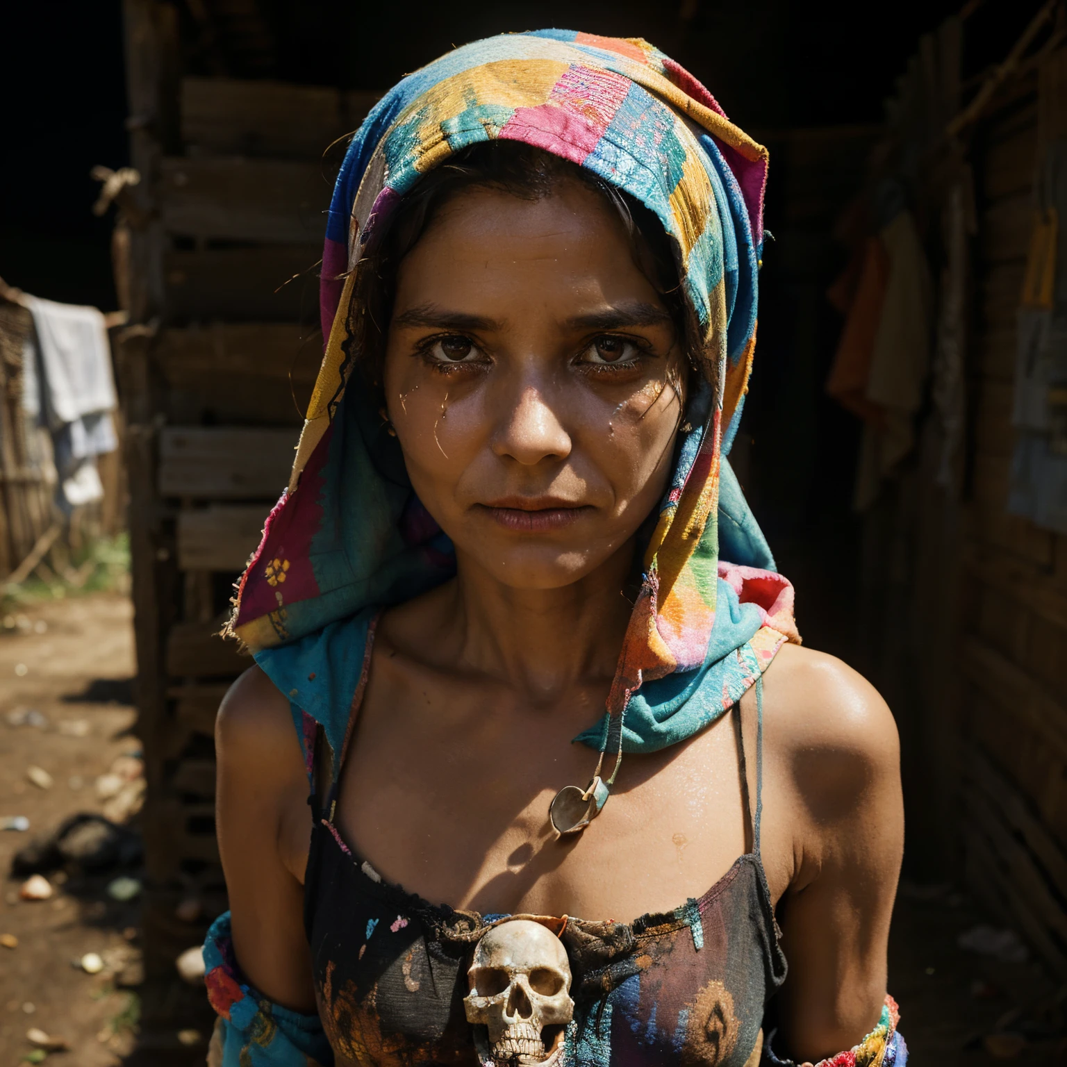 An oil painting of a skeleton dressed in colorful rags. Her skull is stained from her tears as she looks at the viewer. She is kind, she visits people at night to heal their sadness. She is poor and lives in a very poor village. She wears rags, clothes that are torn and dirty but still colorful