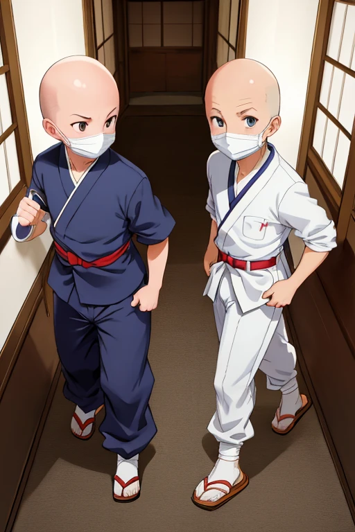 2boy, ninja hattori boy, no serious, detail, ninja, sneak in corridor of Japan castle, white costume, White clothes, White mask, sandals, red belt, dim light, epic, Bald head, shave head, hairless,