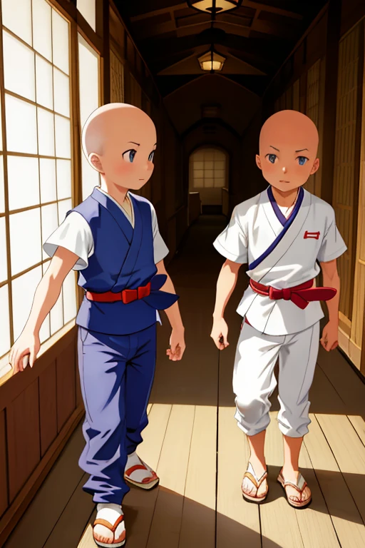 2boy, ninja hattori boy, no serious, detail, ninja, sneak in corridor of Japan castle, white costume, White clothes, White mask, sandals, red belt, dim light, epic, Bald head, shave head, hairless,