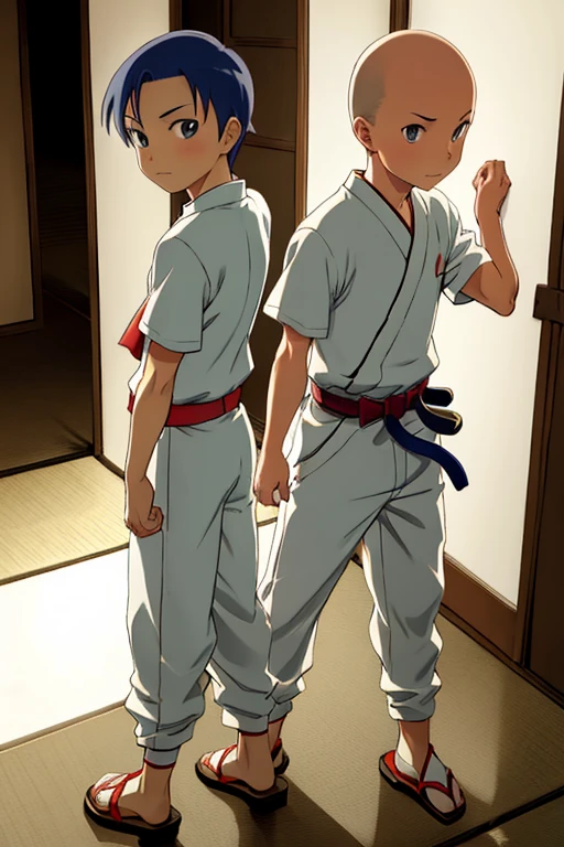 2boy, ninja hattori boy, serious, detail, ninja, sneak in corridor of Japan castle, white costume, White clothes, White mask, gloves, socks, sandals, red belt, dim light, epic, Bald head, shave head, hairless, like monk, ikkyusan, long pants, less skin reveal,