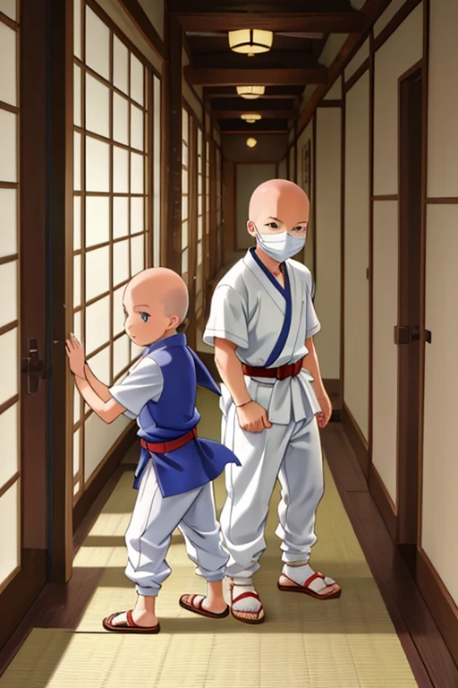 2boy, ninja hattori boy, no serious, detail, ninja, sneak in corridor of Japan castle, white costume, White clothes, White mask, sandals, red belt, dim light, epic, Bald head, shave head, hairless,