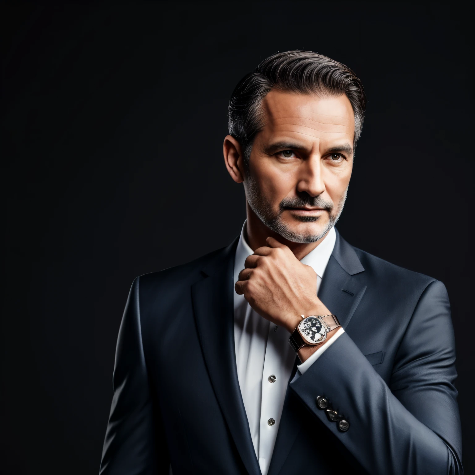 Mature, stable and successful man in his 40s wearing high-end suit,Dress 1.1,male people,Bust photo 1.3,Wearing a watch on his hand,with black background,Realistic portrait photography,k hd,4k