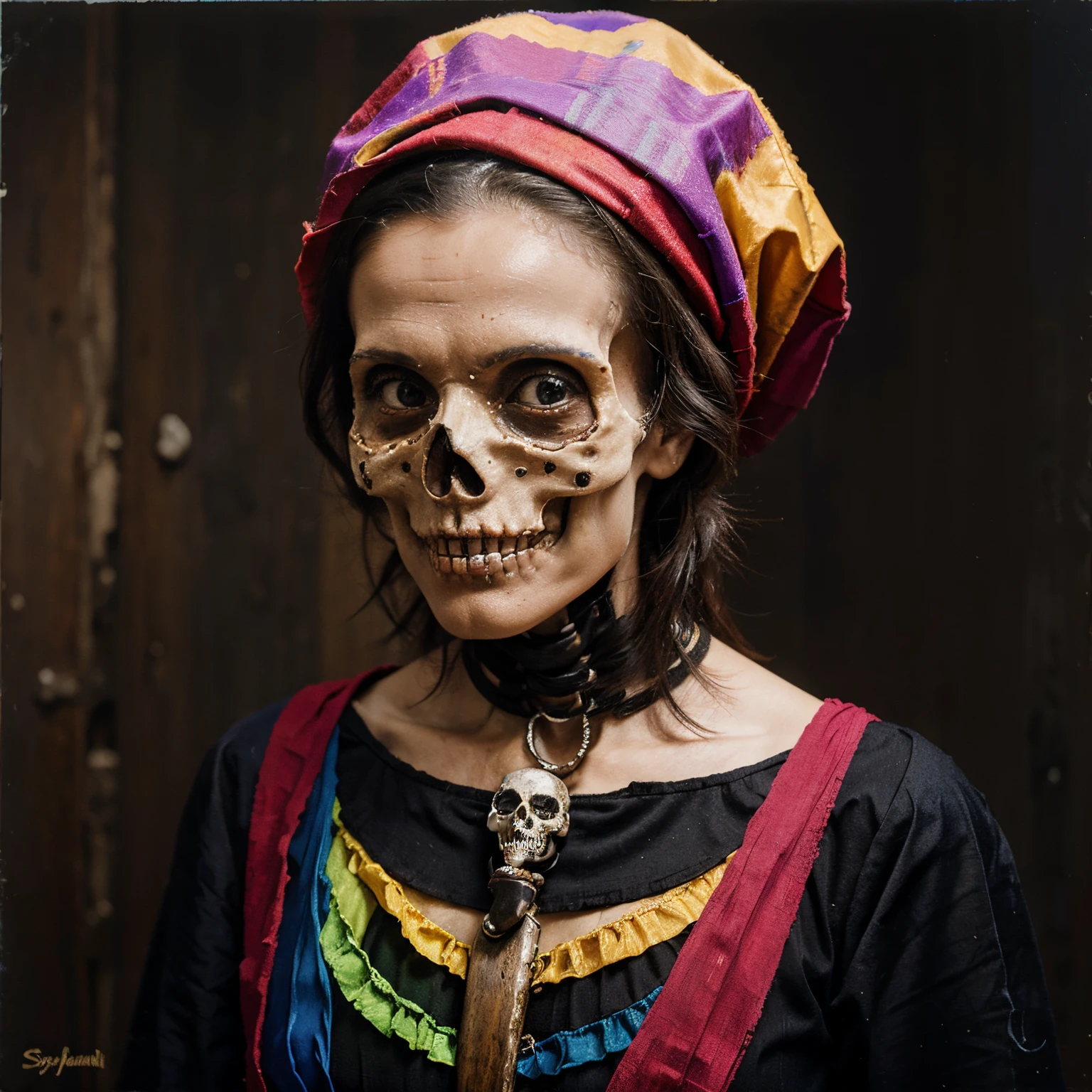A surrealist oil painting of a skeleton woman dressed in colorful rags. Her skull is stained from her many many tears.