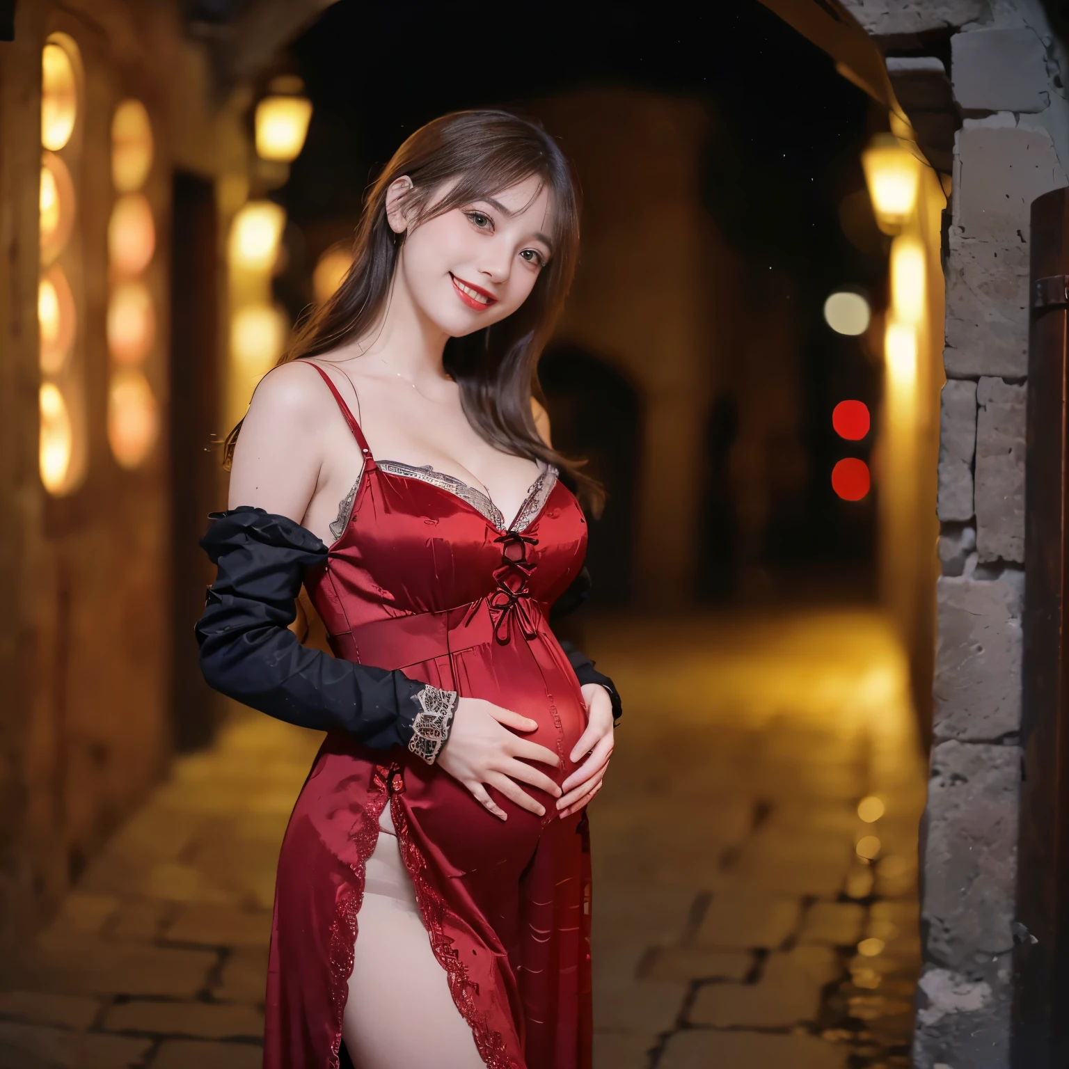 ((top-quality、masutepiece、8K、Top image quality、Highly complex and detailed depictions))、(Photo of young italian prostitute:1.3)、Luxurious medieval Italian red light district、the most luxurious prostitute costume、Pregnancy、((The most beautiful medieval Italian courtesan costumes、The most luxurious medieval Italian courtesan costumes、The most luxurious and obscene red-light district、An unimaginably huge entertainment district、A very luxurious and obscene red-light district in medieval Italy、A huge red light district in medieval Italy at midnight、Very complex decoration)、(View me、Bewitching smile、long eyelashes、Perfect makeup、lipsticks、A slight smil)、(perfect anatomia:1.2)、(Depth of field is deep:1.5)、(Detailed and intricate red light district background:1.3)、(A vivid backdrop of the obscene medieval Italian red-light district:1.3)、spectacular movie lighting、(romantic mood night:1.1)、(Perfectly recreates the atmosphere of a medieval Italian red-light district:1.3)、(obscene entertainment district:1.1)、(Obscene mood 1.1)