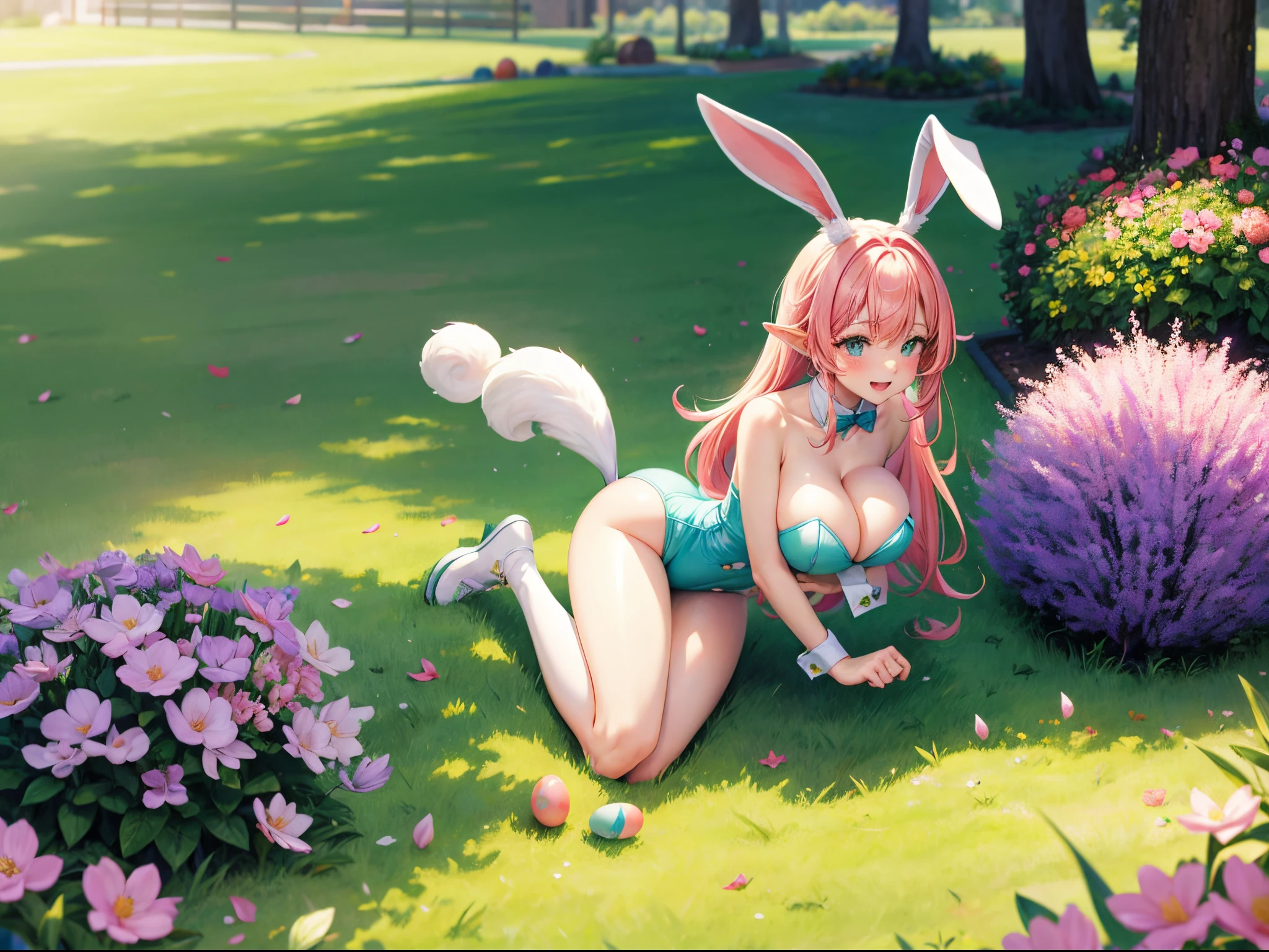 Babs Bunny collecting Easter Eggs, sexy, pastel colors, (full body:1.5), large breast, vibrant spring atmosphere, playful expression, long ears, fluffy tail, blooming flowers, lush green grass, sunny day, soft lighting