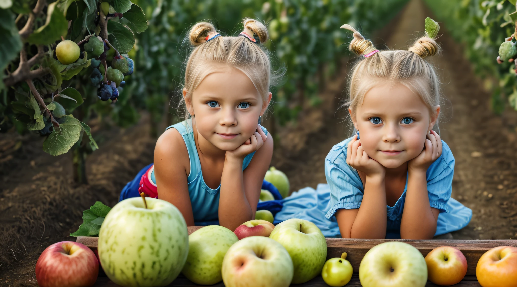 na frente de uma luz azul, BEAUTIFUL RUSSIAN GIRL CHILD BLONDE HAIR bun, olhos brilhantes, olhos perfeitos, 10 anos. on an agricultural farm surface, with animals and apples and oranges. MELANCIA, melon, Peras, Uvas.