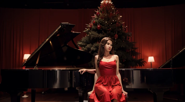 a woman in a red dress standing next to a man sitting at a red piano, grayscale photo with red dress, black background photorealistic, piano guitar music notes key, girl wears a red dress,attractive male playing piano, deep red background, dark background, cloth background, grayscale photo with red xmass dress, black background, background is xmass tree, with lights