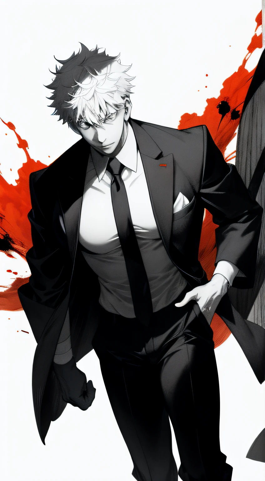 A boy with blood all over his body, the end, ruins, nervous and scared, counterattacking action, domineering and exposed, shabby city, 25 years old, mature, red eyes,