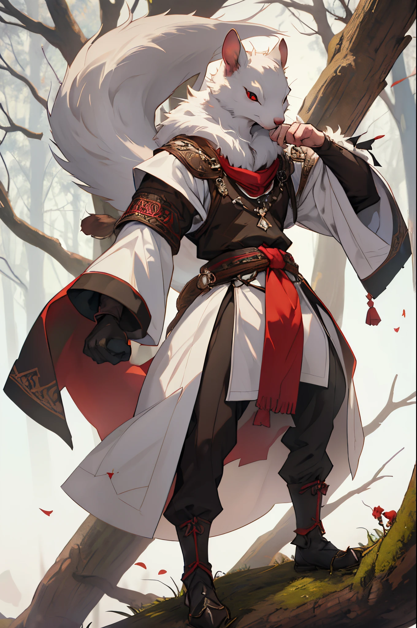 White squirrel, werewolf squirrel, white skin, all covered with wool, Medieval times, Squirrel, squirrel on two legs, squirrel covered only with fur and without clothes, small rodent, wild squirrel, one squirrel, in full height, red eyes, furry tail, many tassels behind my back,(dynamicpose:1.5), Black.