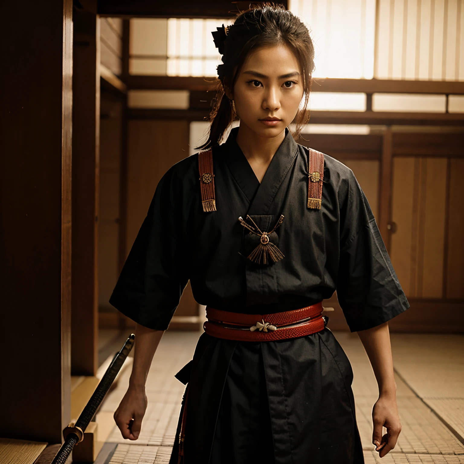A cute girl wearing typical red Japanese kemono with traditional Japanese katana 4k details in a lift high camera angle dark theme background blood shedding on lift walls and some on face text on background written AYUSU PICTURES 