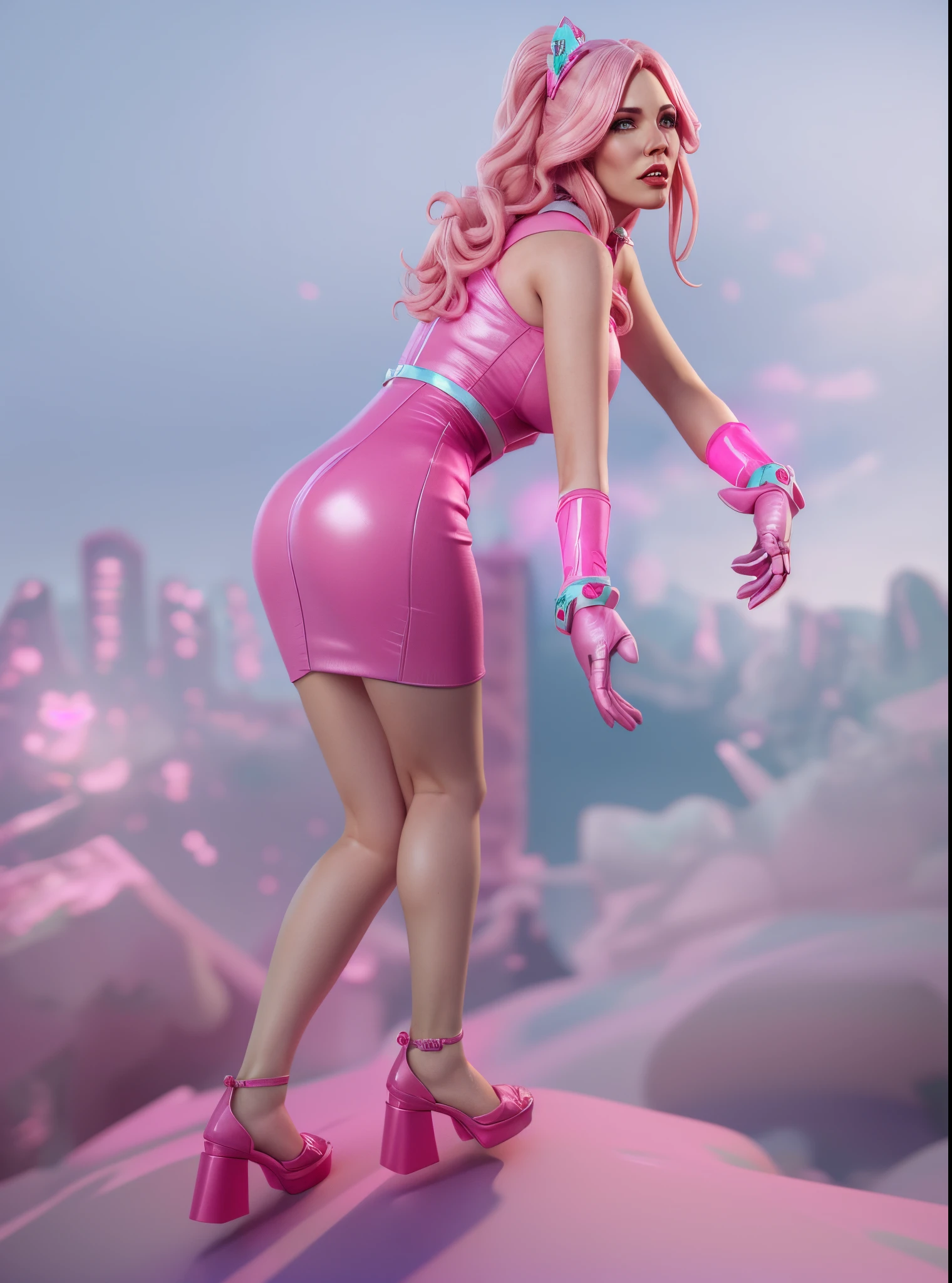 there is a woman in a short pink dress and pink gloves,pink wavy hair, pink iconic character, highly detailed giantess shot, stylized as a 3d render,realistic, 4k, rim light, blurry background