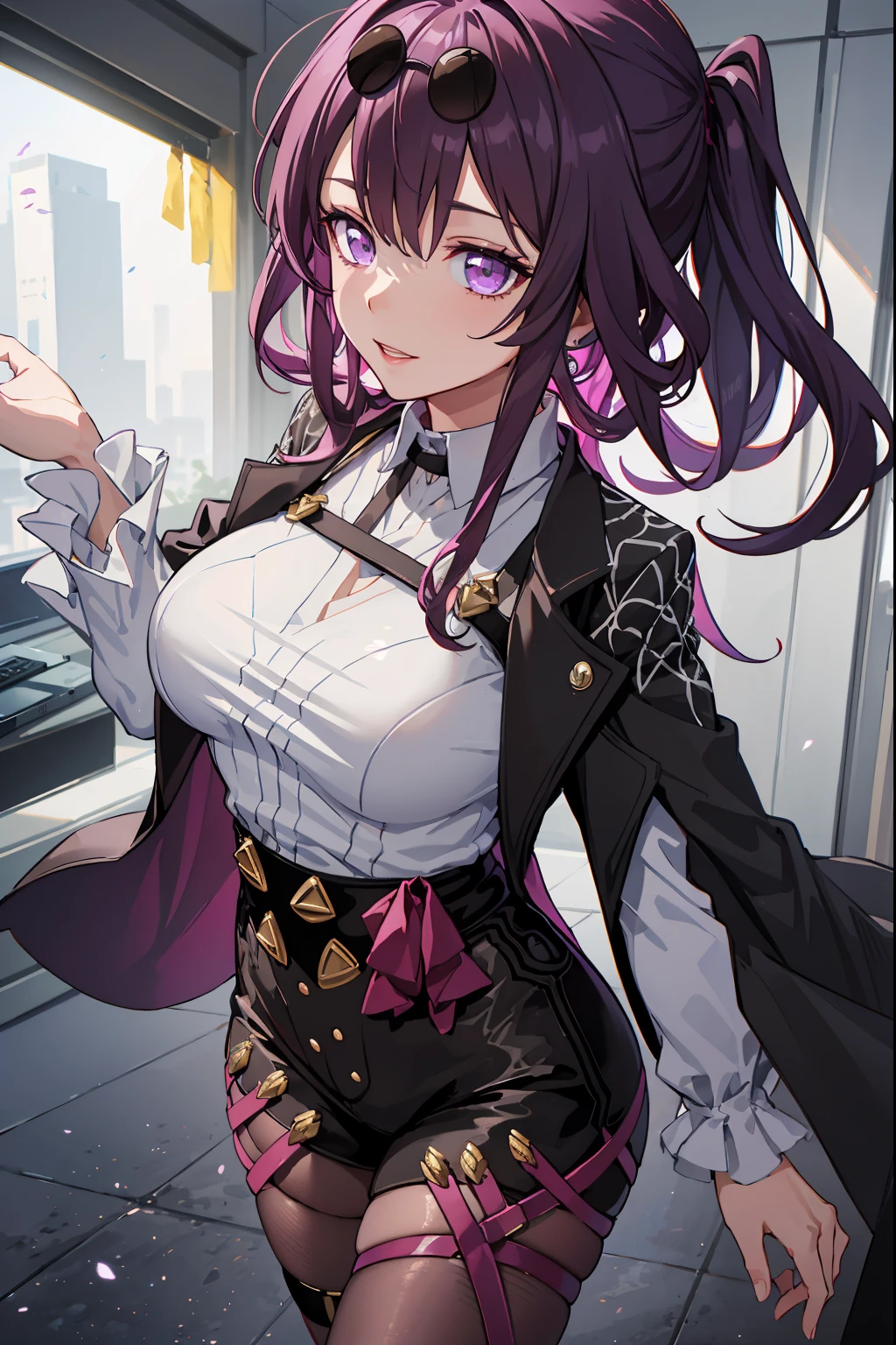 (masterpiece, best quality, ultra-detailed, best shadow), (detailed background), (beautiful detailed face), high contrast, (best illumination, an extremely delicate and beautiful), ((cinematic light)), colorful, hyper detail, dramatic light, intricate details, (1girl, solo, kafka, honkai star rail, mommy smile, sexy, purple hair, sharp face,purple eyes,dynamic angle), depth of field,black light particles