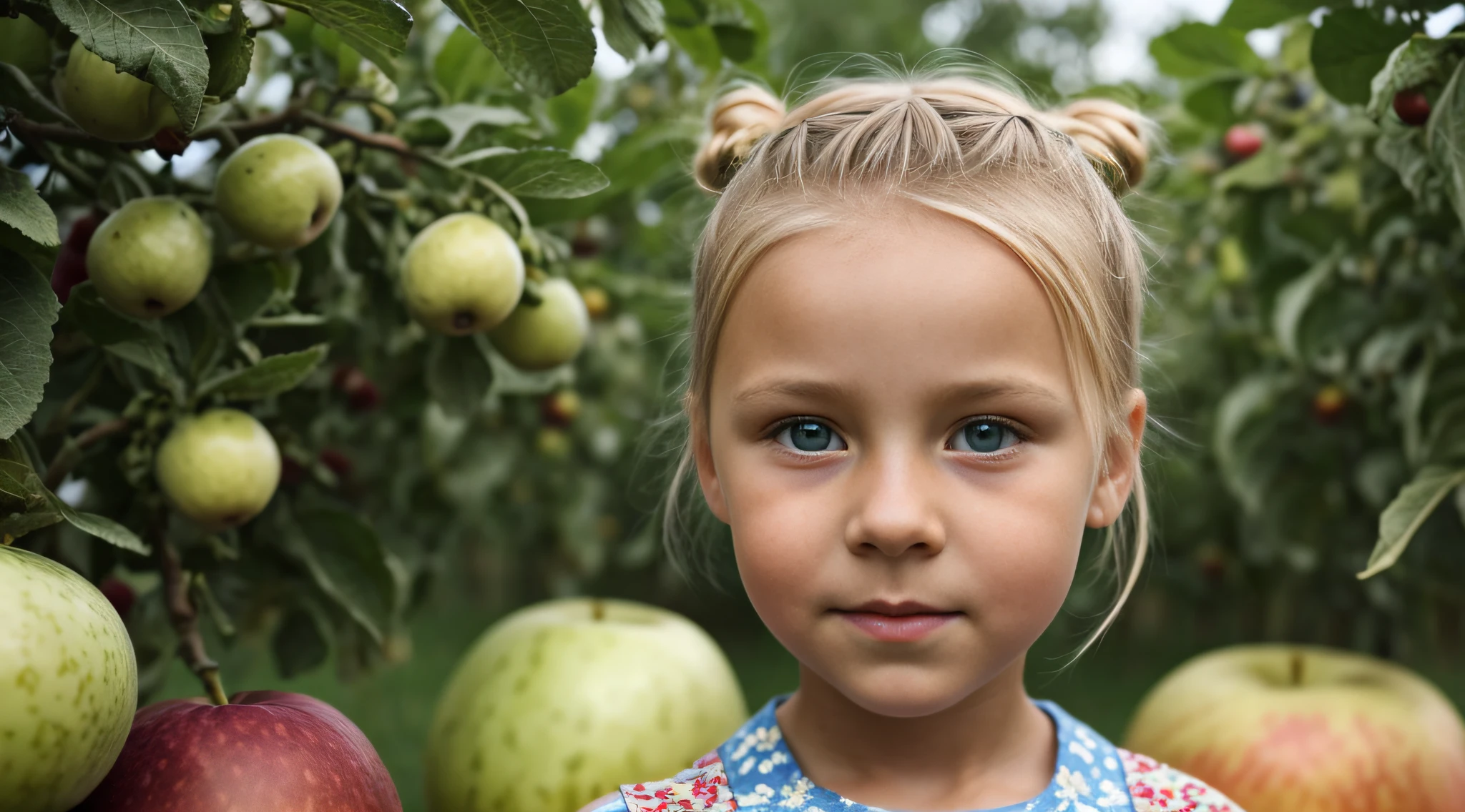 na frente de uma luz azul, BEAUTIFUL RUSSIAN GIRL CHILD BLONDE HAIR bun, olhos brilhantes, olhos perfeitos, 10 anos. on an agricultural farm surface, with animals and apples and oranges. MELANCIA, melon, Peras, Uvas.