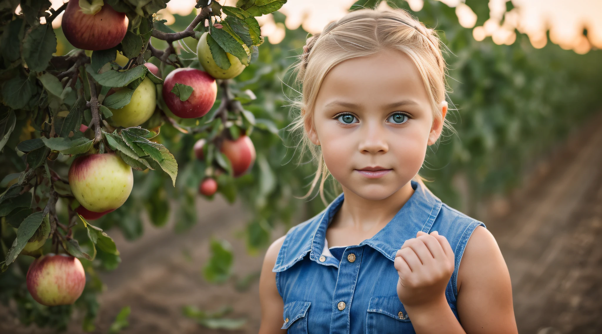 na frente de uma luz azul, BEAUTIFUL RUSSIAN GIRL CHILD BLONDE HAIR bun, olhos brilhantes, olhos perfeitos, 10 anos. on an agricultural farm surface, with animals and apples and oranges. MELANCIA, melon, Peras, Uvas.