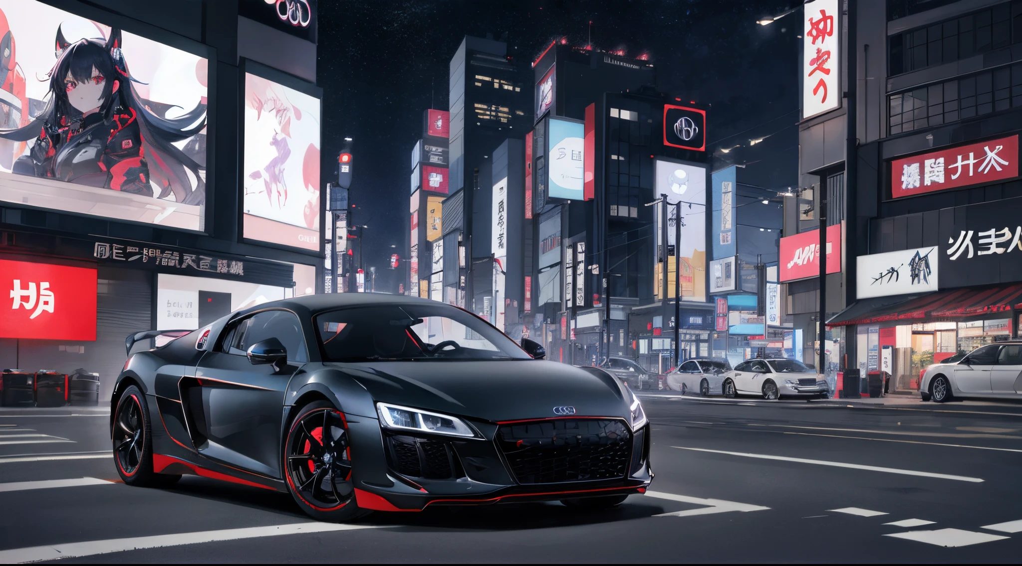 1 girl, anime girl, Beautiful girl, Little girl standing in front of a car, Little girl leaning on a car, night city, Sateen, the anime, Audi R8, The Black Machine, Matte Machine, A beautiful, vibrant modern city, Japan, Japanese Signage, Car in the center