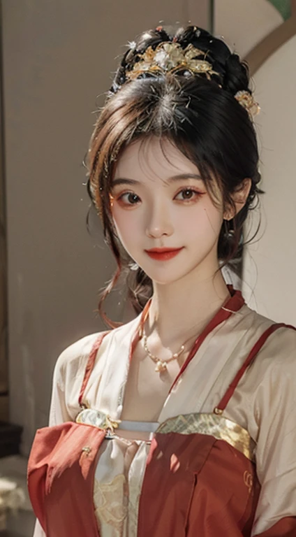 Slim waist,Big red hanfu,,Huge,deep v big breasts,lotus pattern,20-year-old girl,gold headdress step pendant,A light smile,Delicate face,ultra-clear。