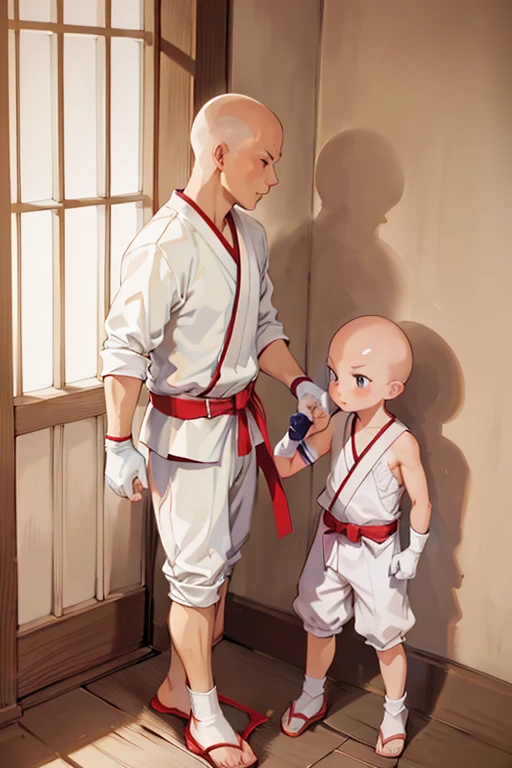 2boy, ninja hattoriboy, serious, detail, ninja, sneak in corridor of Japan castle, white costume, White clothes, White mask, gloves, socks, sandals, red belt, dim light, epic, Bald head, shave head, hairless, like monk, ikkyu,