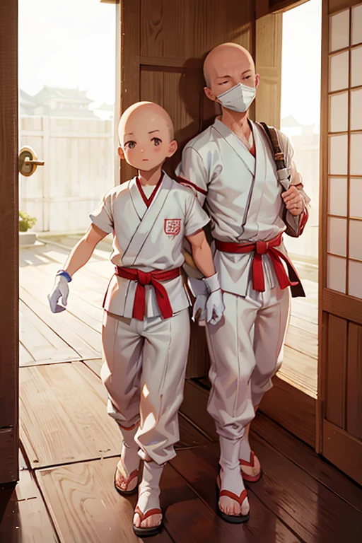 2boy, ninja hattoriboy, serious, detail, ninja, sneak in corridor of Japan castle, white costume, White clothes, White mask, gloves, socks, sandals, red belt, dim light, epic, Bald head, shave head, hairless, like monk, ikkyu,