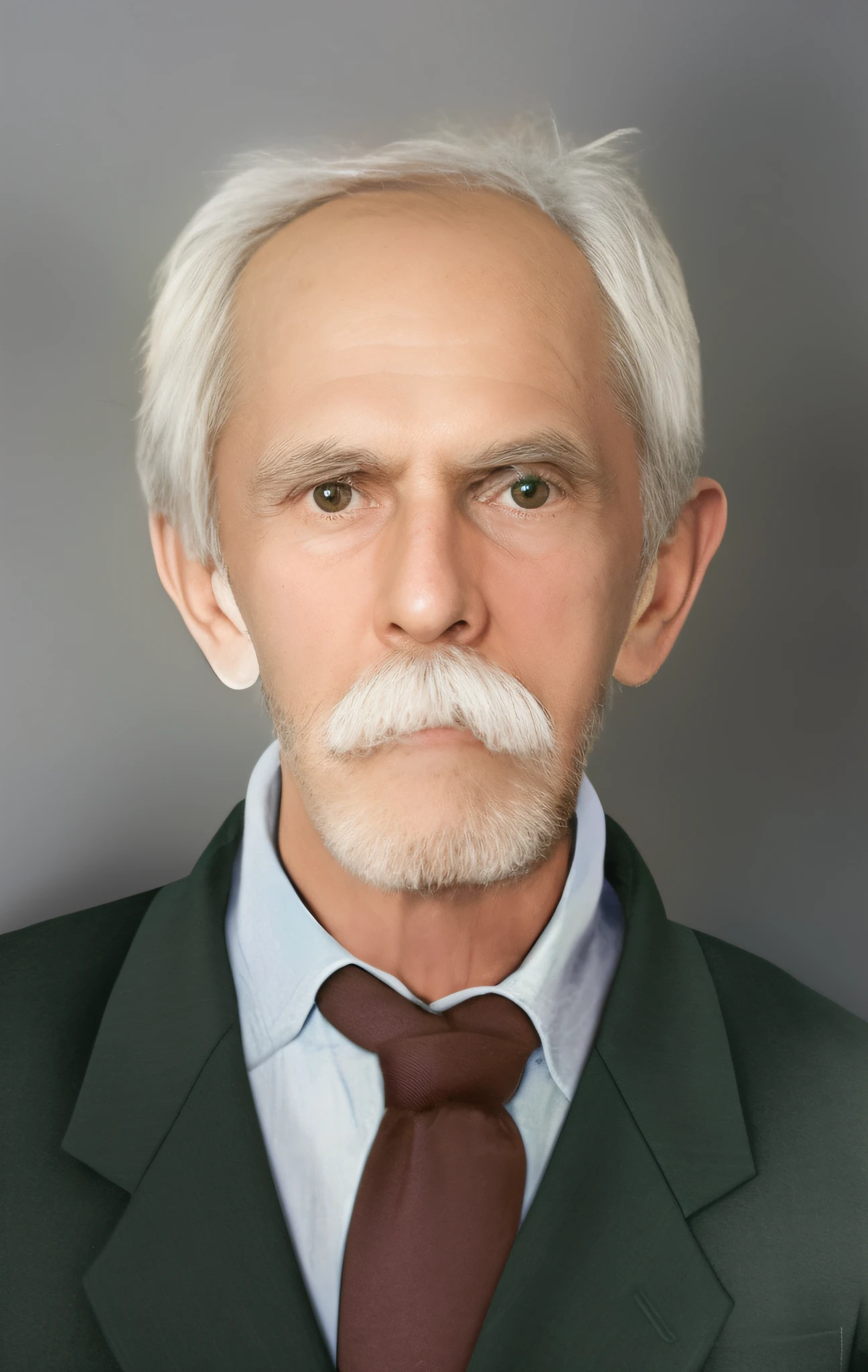 there is a man with a mustache and a suit jacket, Velho com bigode, rosto restaurado realista, inspired by László Eloquent, inspirado em Zbigniew Nowosadzki, inspired by József Borsos, inspirado em Heinrich Herzig, inspired by Stanisław Tondos, inspirado em Stanley Twardowicz
