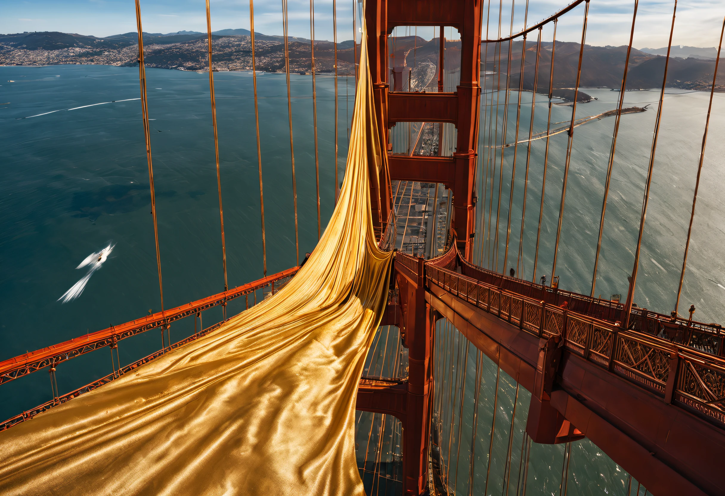 a gilded silk curtain hanging over of the golden gate bridge, a wind-flowing silk curtain that surrounds bridge, (a panoramic view of the whole bridge: 1.2), ((gold curtain wrapping down all around on the golden gate bridge)), blew in the wind, (wrapping down golden curtain: 1.4), (drone shot: 1.3), (wide angle: 1.5), top view, traffic jam, intricate detail, highly detailed, volumetric lighting, 4k rendering, stock photo, ultra-realistic, realistic textures, dramatic lightin