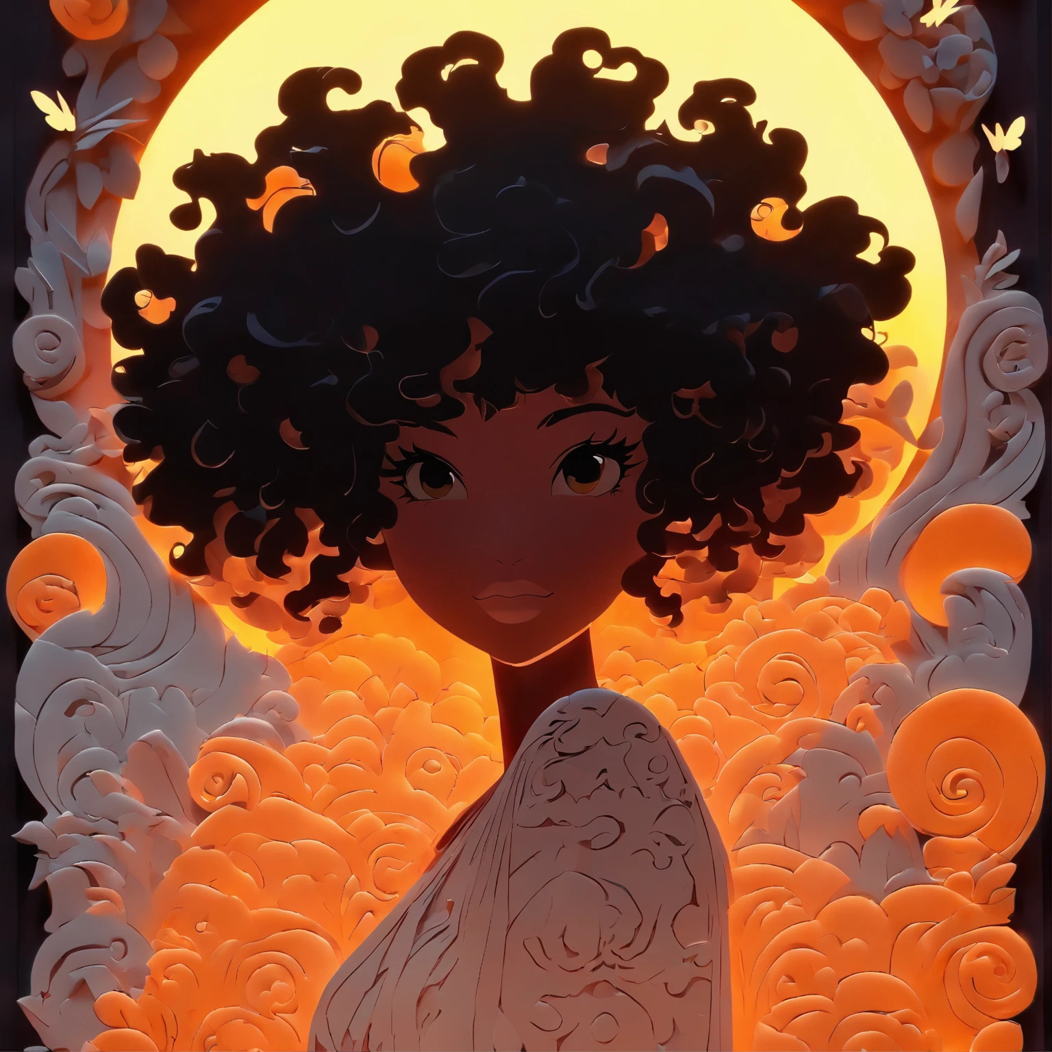 ( 2D Layered paper cutting art, Silhouette Art)silvery moon, 1 solo girl with curly Afro hair silhouette, urban casual fashion clothing, backlighting, soft glowing highlight, intricate masterpiece, digital art, whimsical storybook character, orange twilight , beautiful detailed face, butterflies, 96k, hyper detailed, white silvery moon, Gradient rainbow textured glass background by Loish and Yummei, negative space, mythical