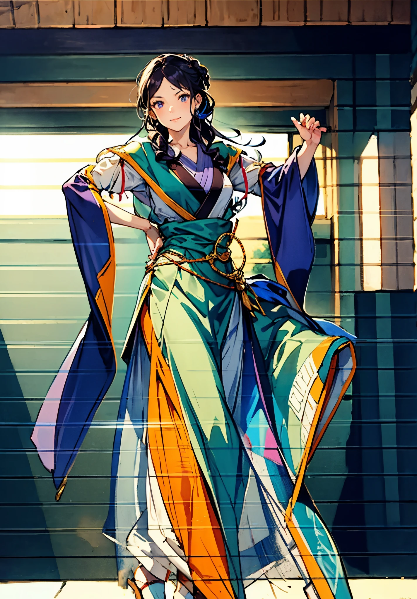 A mature woman, medium-length black-purple hair, curly bangs, sly eyes, a playful smile, an elegant and wise demeanor, a simple fantasy martial arts-style orange two-piece dress with a long skirt, wide sleeves, a flowing hem, Gracefully strolling in an ancient building towering among the mountains, this character embodies a finely crafted fantasy martial arts-style female warrior in anime style, exquisite and mature manga art style, high definition, best quality, highres, ultra-detailed, ultra-fine painting, extremely delicate, professional, anatomically correct, symmetrical face, extremely detailed eyes and face, high quality eyes, creativity, RAW photo, UHD, 8k, Natural light, cinematic lighting, masterpiece-anatomy-perfect, masterpiece:1.5