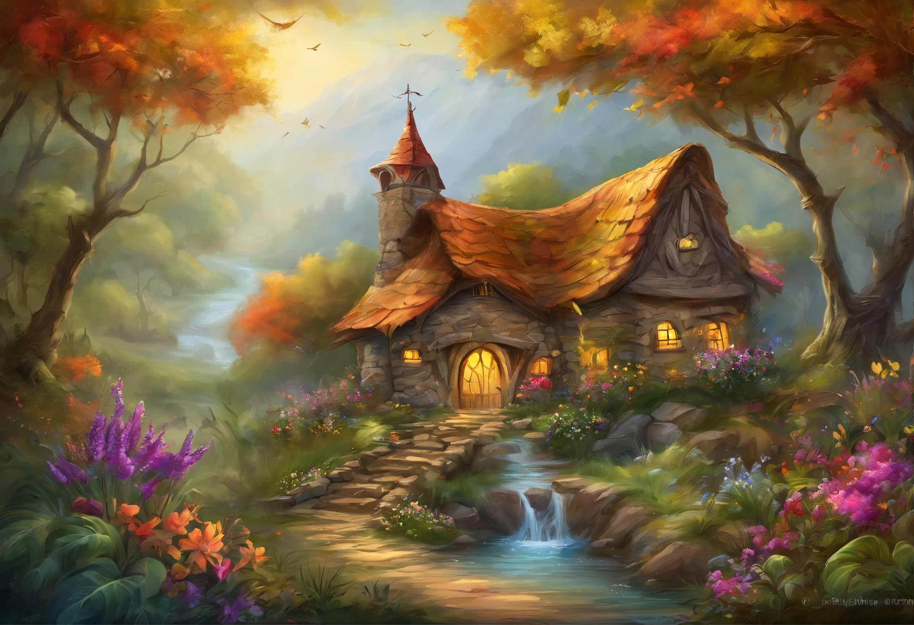 (((Giant rainbow banana house emits auroras,covered with vines,leafs,fresh flowers))),Intense contour light,Luminous inside,Colorful,((Best quality)), ((tmasterpiece)),Enhanced dynamic viewing angle,Sparkling creek,(weeds),flowers blooming,glowing effect,ultra - detailed,Works of masters,high high quality,8K分辨率,depth of fields,电影灯光,epic graphics,high high quality,ultra - detailed,Detailed pubic hair,Accurate,电影灯光