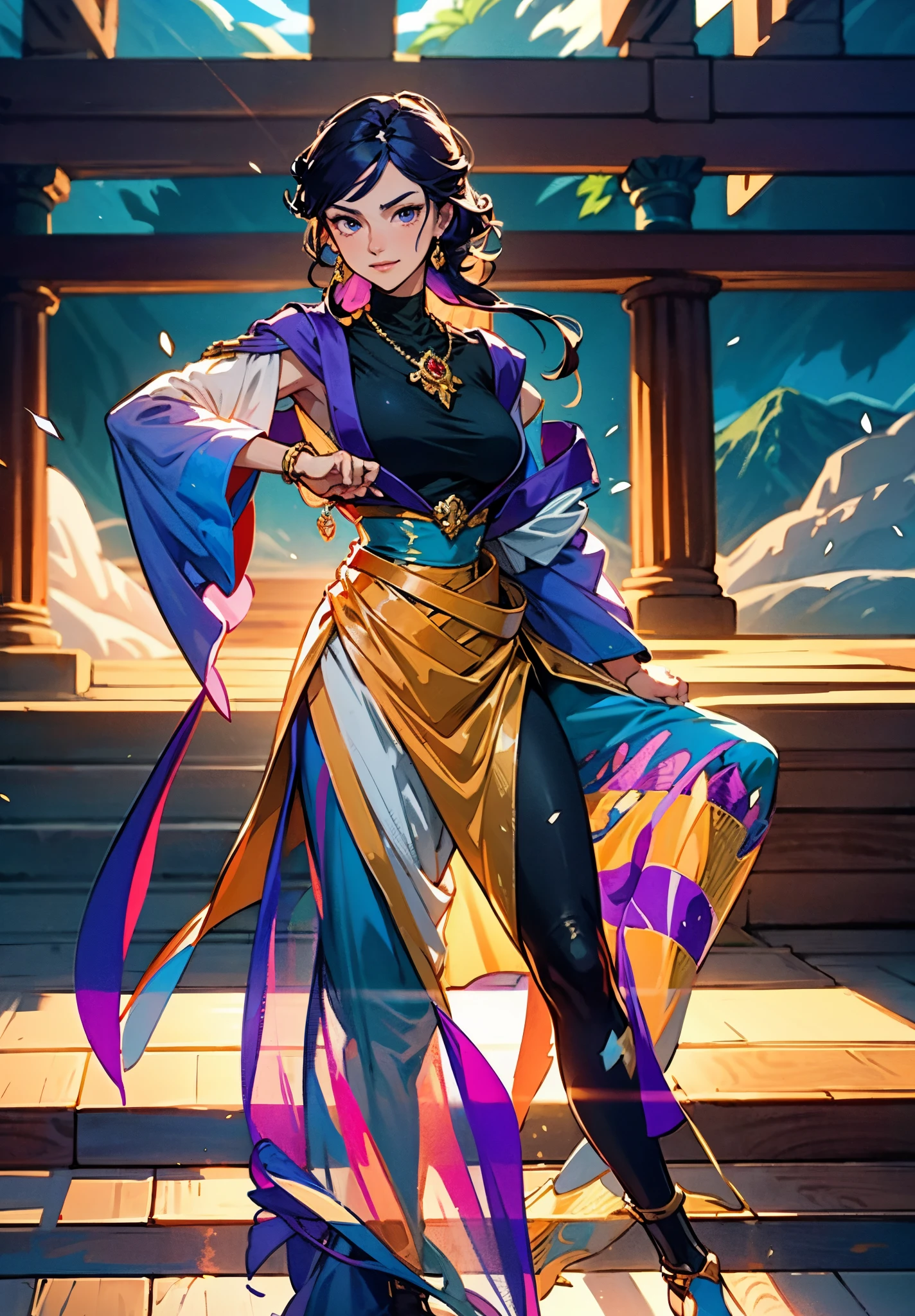 A mature woman, medium-length black-purple hair, curly bangs, sly eyes, a playful smile, an elegant and wise demeanor, a simple fantasy martial arts-style orange two-piece dress with a long skirt, wide sleeves, a flowing hem, Gracefully strolling in an ancient building towering among the mountains, this character embodies a finely crafted fantasy martial arts-style female warrior in anime style, exquisite and mature manga art style, high definition, best quality, highres, ultra-detailed, ultra-fine painting, extremely delicate, professional, anatomically correct, symmetrical face, extremely detailed eyes and face, high quality eyes, creativity, RAW photo, UHD, 8k, Natural light, cinematic lighting, masterpiece-anatomy-perfect, masterpiece:1.5