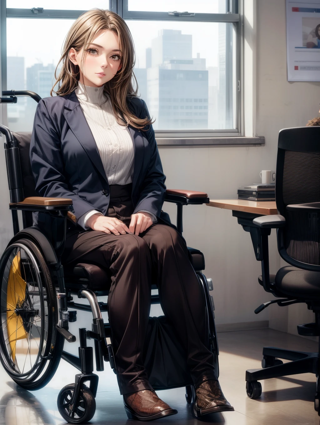 1人の女性、Best Quality, masutepiece, Beautiful mature、Beautiful face、Strong-minded woman、Being in a wheelchair、Office Suits、Long boot-shaped prosthetic leg、brown haired、Brown-eyed、Bob Hair、40 years、adult lady、Full body like、sit with legs apart in a wheelchair