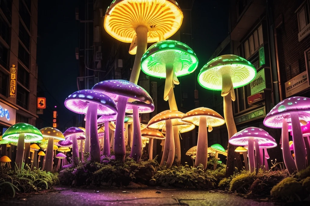 (Best quality at best,A high resolution,ultra - detailed),Transparent mushroom with neon light,Mushrooms have cool textured patterns on their surface,Urban street style mushrooms,Mushrooms in doodle style,Glowing neon line transparent mushroom,Enigmatic Atmosphere,Colorful lights