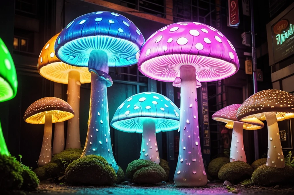 (Best quality at best,A high resolution,ultra - detailed),Transparent mushroom with neon light,Mushrooms have cool textured patterns on their surface,Urban street style mushrooms,Mushrooms in doodle style,Glowing neon line transparent mushroom,Enigmatic Atmosphere,Colorful lights