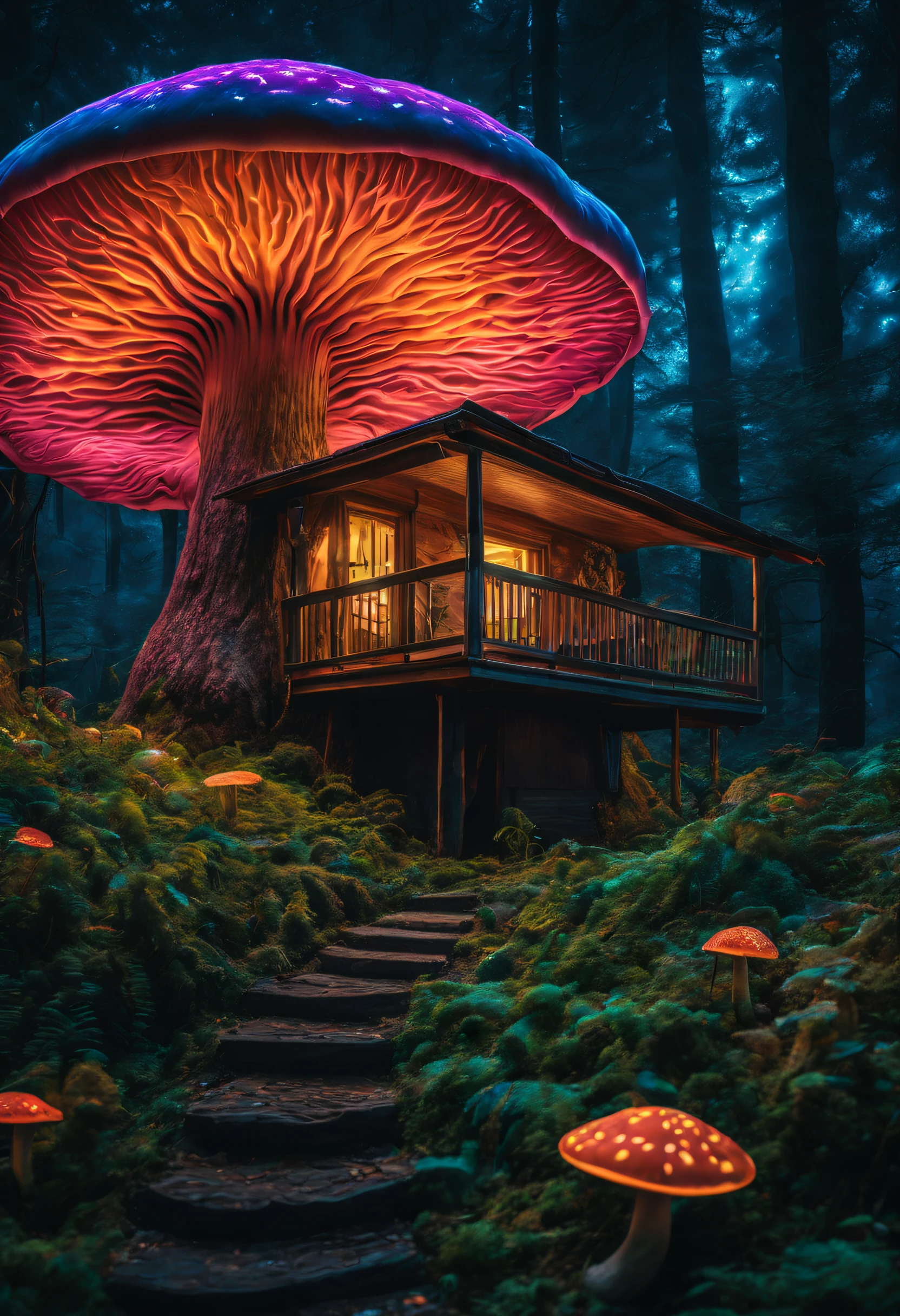 A majestic Mushroom glows with ethereal Bioluminescent radiance, adorned in a ring of mesmerizing fire, Embrace the enchantment of Art Nouveau's symmetrical allure, vividly portraying luminosity and bioluminescence, highres, HD, high quality, high details