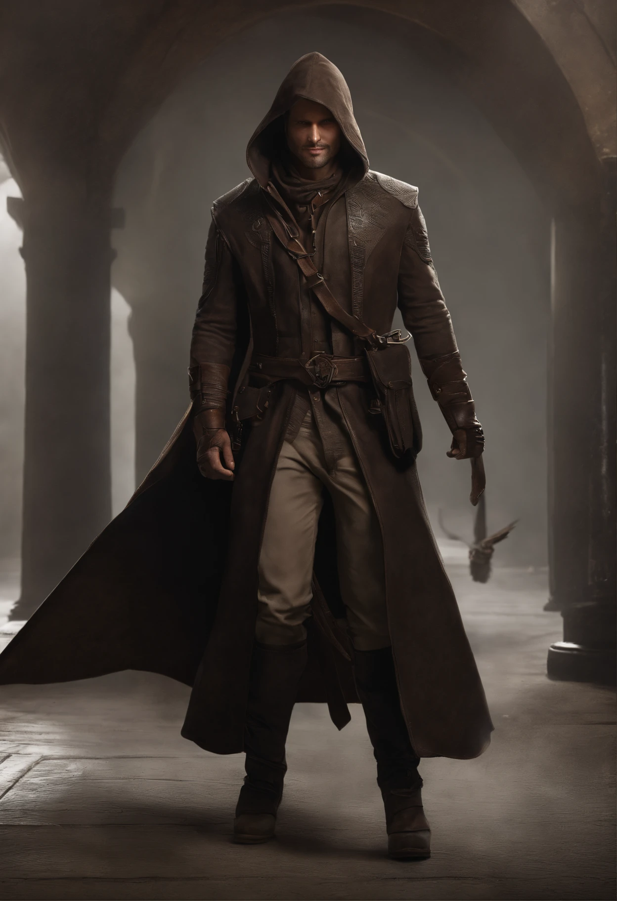 higly detailed, Clarity, 8 months,  Guy, 35 years old, Dark brown hair, shingle, dark eyes, the hood covers the head and covers the face, Faded white clothes, over regular clothes, for example a shirt, trousers and boots. hood with traditional pointed tip, resembling the beak of a bird of prey, short leather coat, attached to one shoulder, and a wide belt, ,真实感, Realistic,There is a man, who smiles, brutal, muscular!!, artem, m 35 years,Brutal man, hood protects the face,