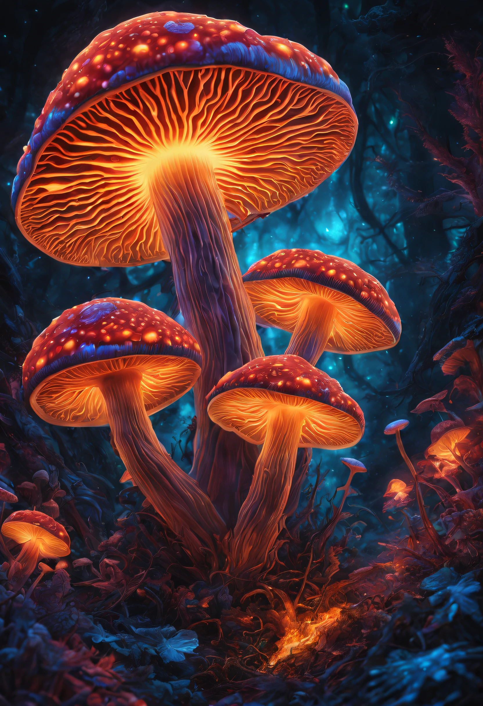 A majestic Mushroom glows with ethereal Bioluminescent radiance, adorned in a ring of mesmerizing fire, Embrace the enchantment of Art Nouveau's symmetrical allure, vividly portraying luminosity and bioluminescence, highres, HD, high quality, high details