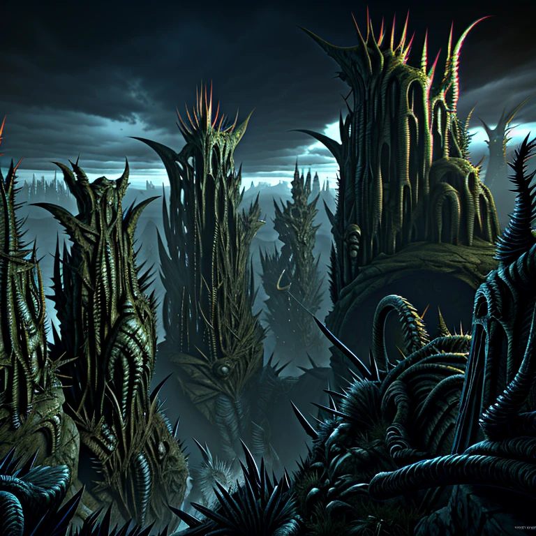 Wide angle of horror art landscape, complex biomechanicals monuments, evil sculptures, evil spiked statues, biomorphic beings from the 4th dimension, spiked walls, madness, thorns, artstation, uhd, unreal engine, line art drawing style.